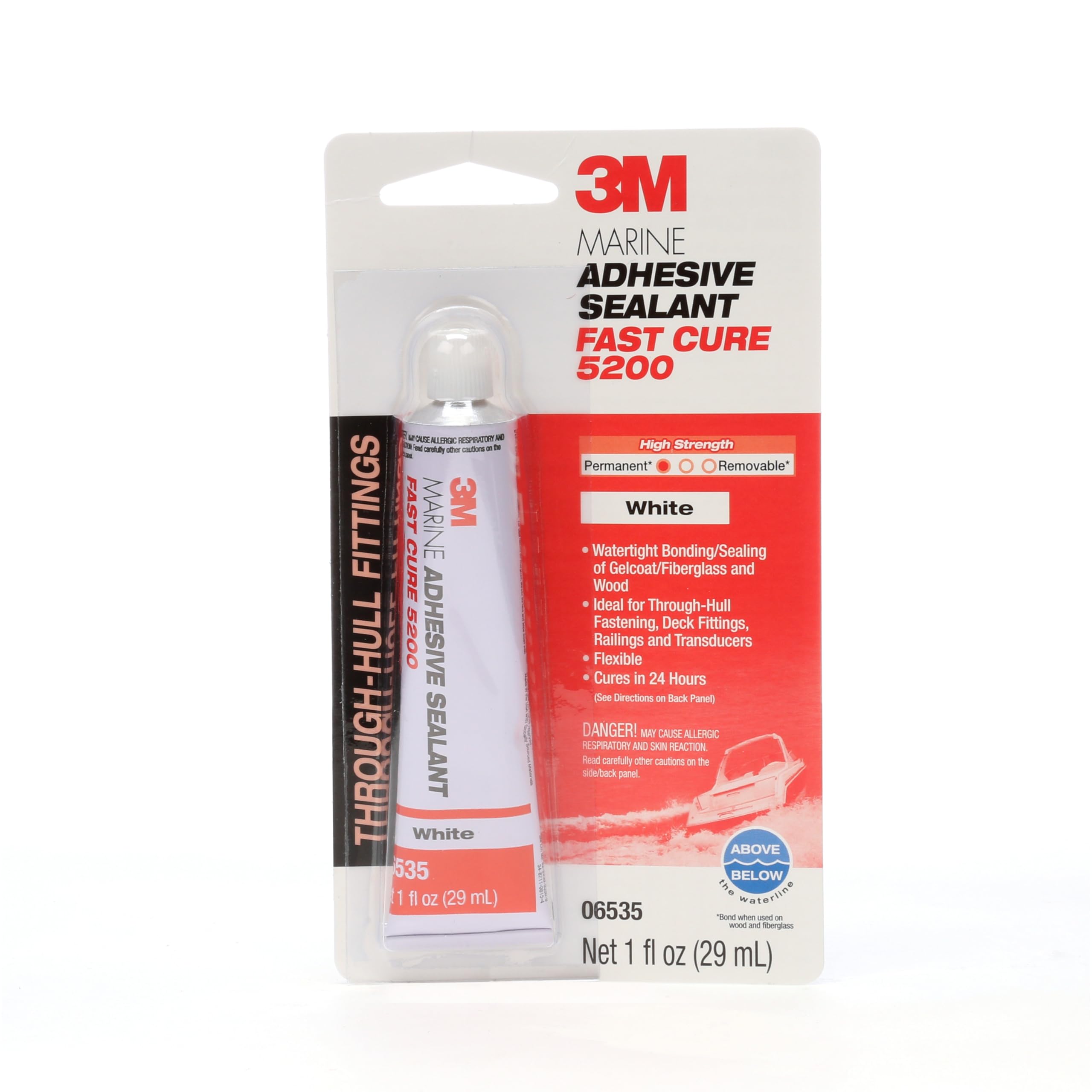3M Marine Adhesive Sealant 5200 Fast Cure (06535) Permanent Bonding and Sealing for Boats and RVs Above and Below the Waterline Waterproof Repair, White, 1 fl oz Tube