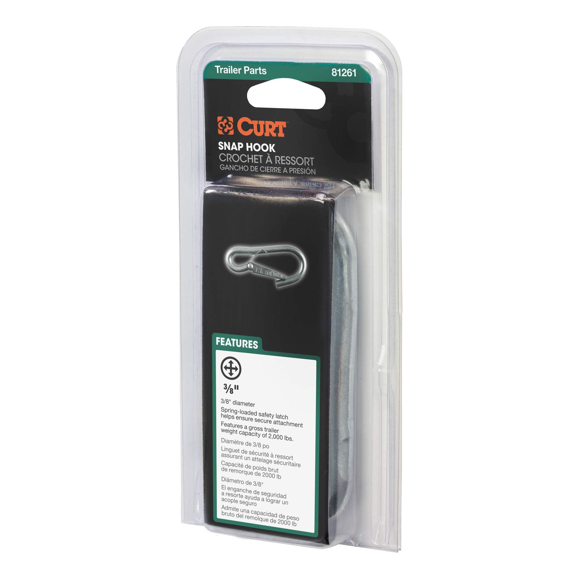 CURT Snap Hook 81261 Trailer Safety Chain Hook Carabiner Clip, 3/8-Inch Diameter, 2,000 lbs