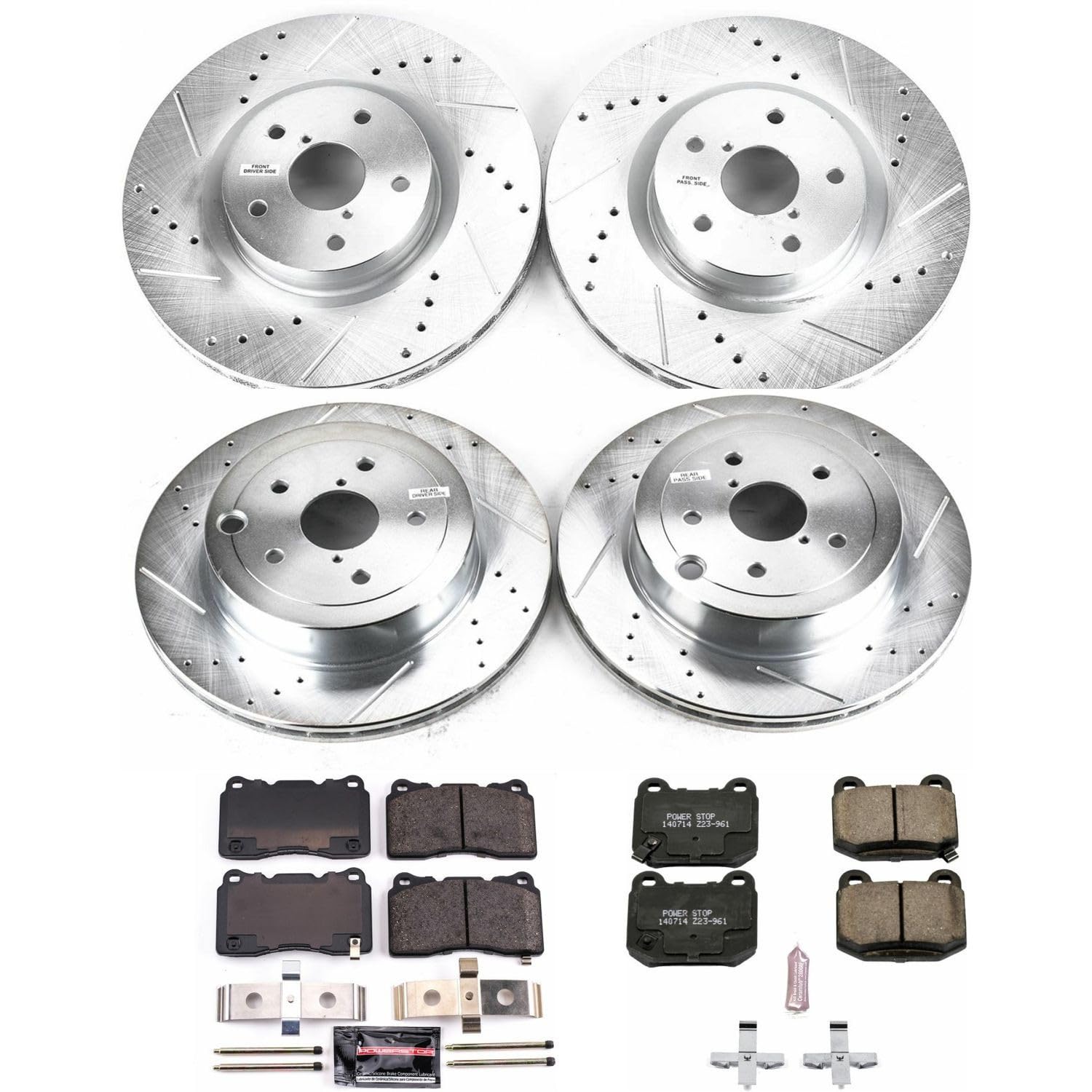 Power Stop K4490 Z23 Carbon Fiber Brake Pads Front and Rear with Drilled and Slotted Brake Rotors Kit For 2008 2009 2010 2011 2012 2013 2014 2015 2016 2017 Subaru Impreza WRX Sti
