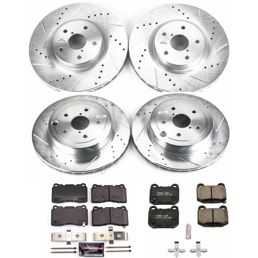 Power Stop K4490 Z23 Carbon Fiber Brake Pads Front and Rear with Drilled and Slotted Brake Rotors Kit For 2008 2009 2010 2011 2012 2013 2014 2015 2016 2017 Subaru Impreza WRX Sti