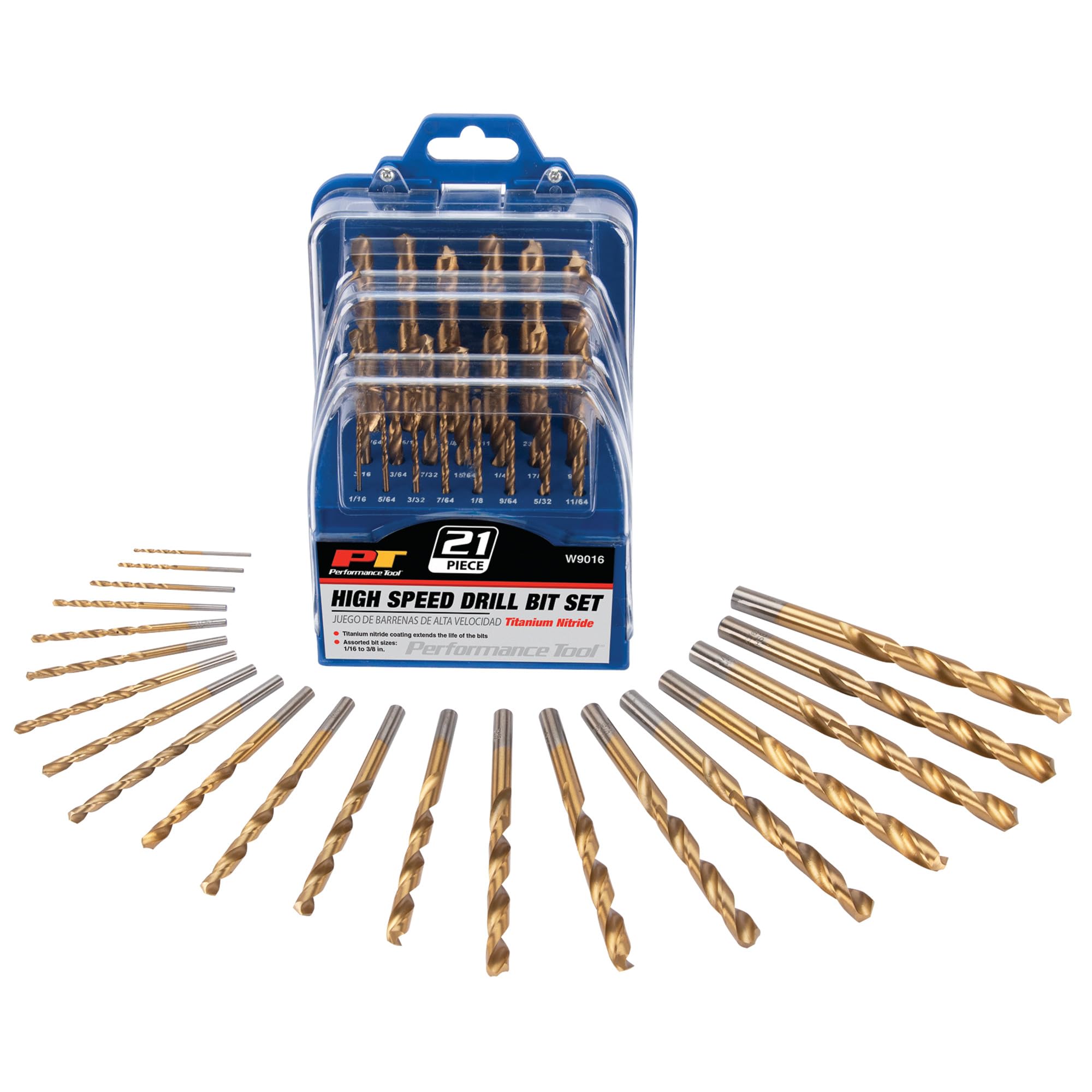 W9016 Performance Tool 21-Piece Titanium Coated High Speed Drill Bit Set