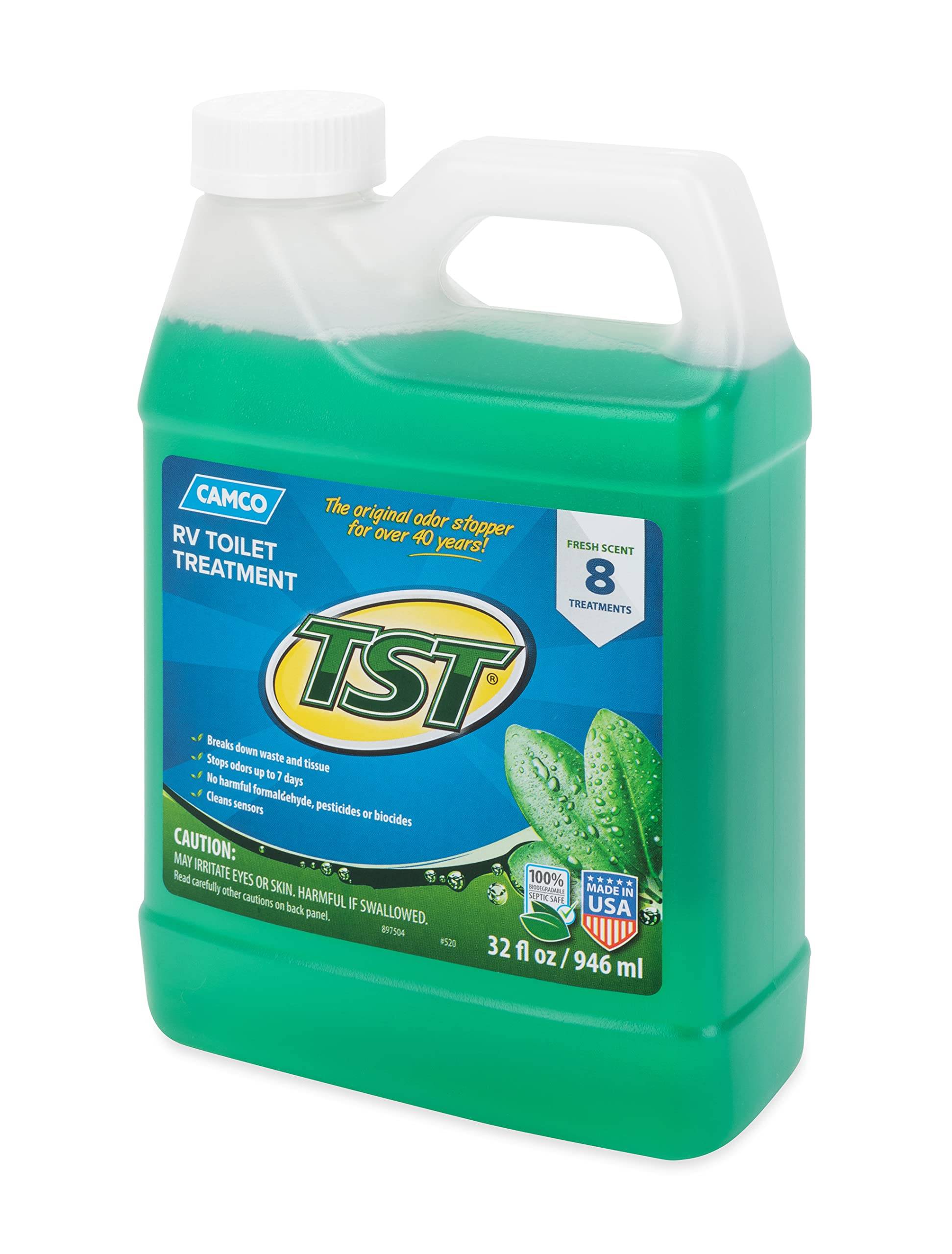 Camco TST RV Toilet Treatment Fresh Scent - Formaldehyde Free - Breaks Down Waste And Tissue - Septic Tank Safe - Treats up to 8-40 Gallon Holding Tanks (32 Ounce Bottle) (40226)