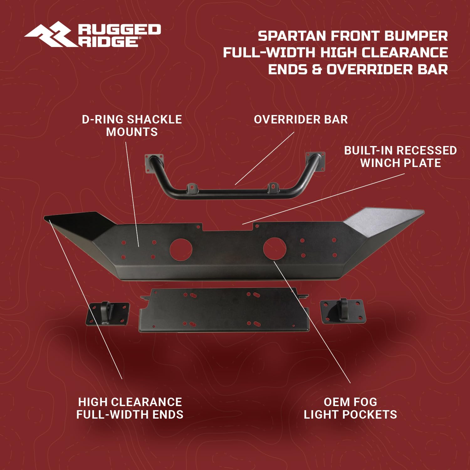Spartan Bumper, Rugged Ridge Front | Full-Width w/High-Clearance Ends & Overrider, Steel, Smooth Black | 11548.71 | Fits 2007-2018 Jeep Wrangler JK