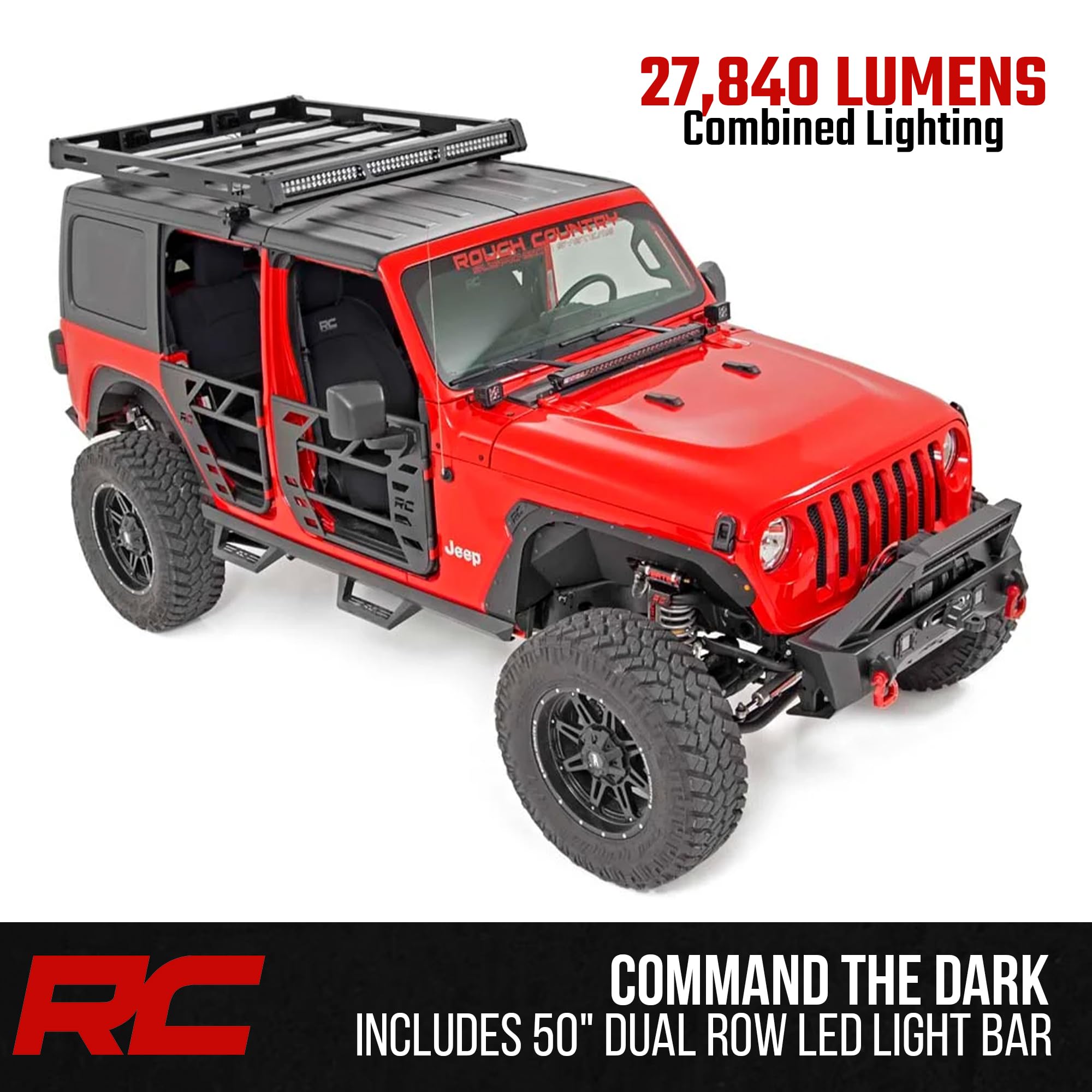 Rough Country Roof Rack for Jeep Wrangler JL (2021–2024) & Unlimited (2018–2025) with LED Lights - Cargo Rack with 50" LED Bar & Dual 2" Flush Mount LEDs, Freedom Top Compatible