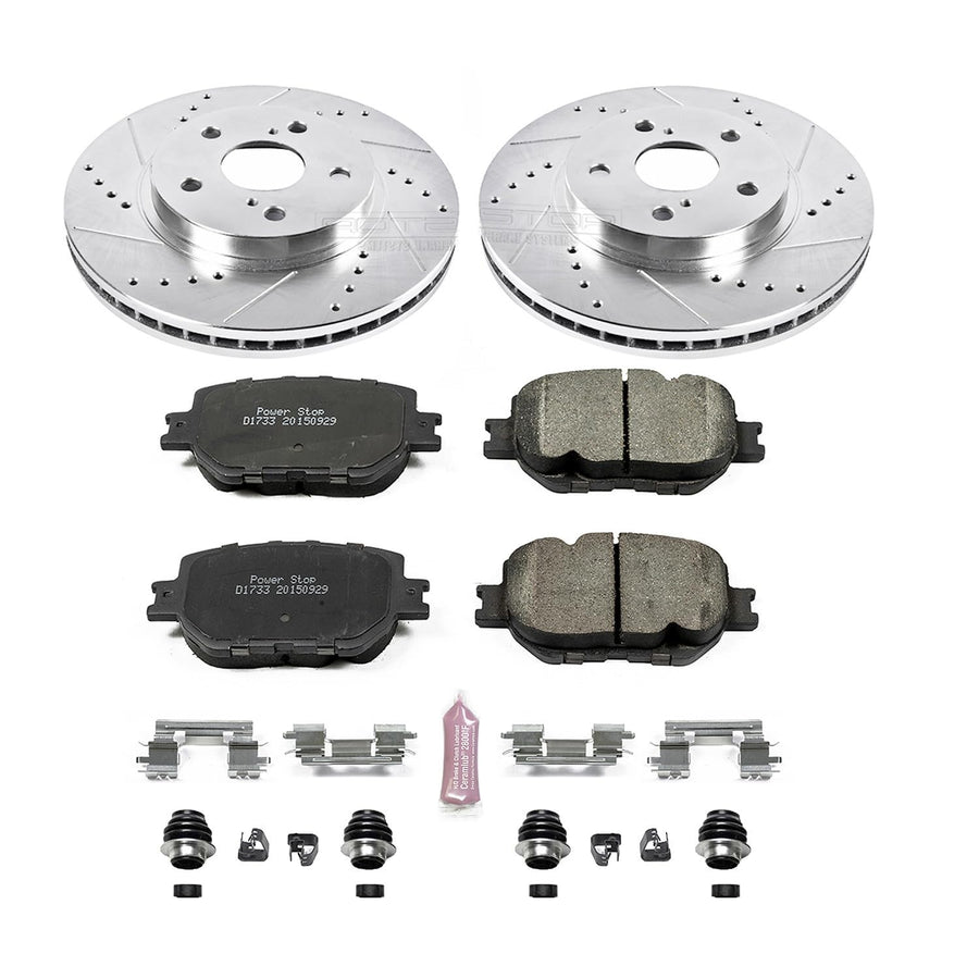 Power Stop K6990 Z23 Carbon Fiber Brake Pads Front with Drilled & Slotted Brake Rotors Kit For Lexus IS250 2014-2015 [Model Specific]