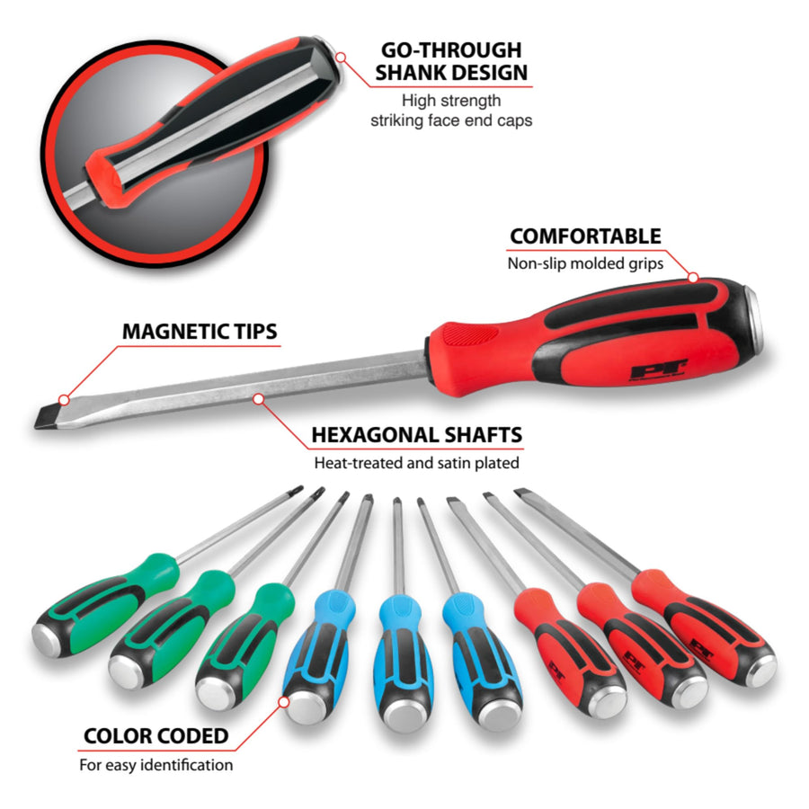 W1742 Performance Tool 9 Pc. Screwdriver Set with Rack - Heat-Treated Shafts, Magnetic Tips, Color-Coded Grips