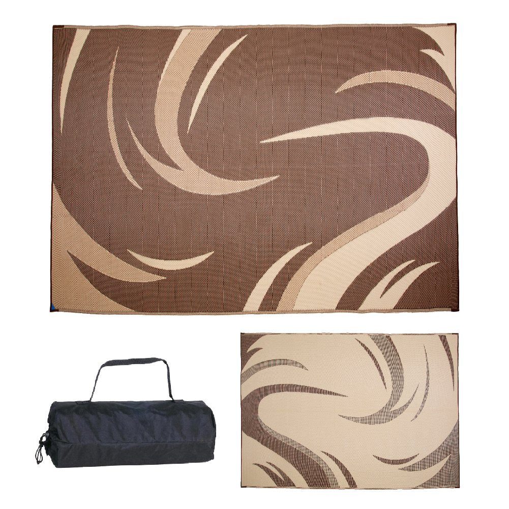 Camping Stylish SD8117 8-Feet x 11-Feet Graphic Swish Outdoor RV Reversible Patio Mat, Brown/Tan