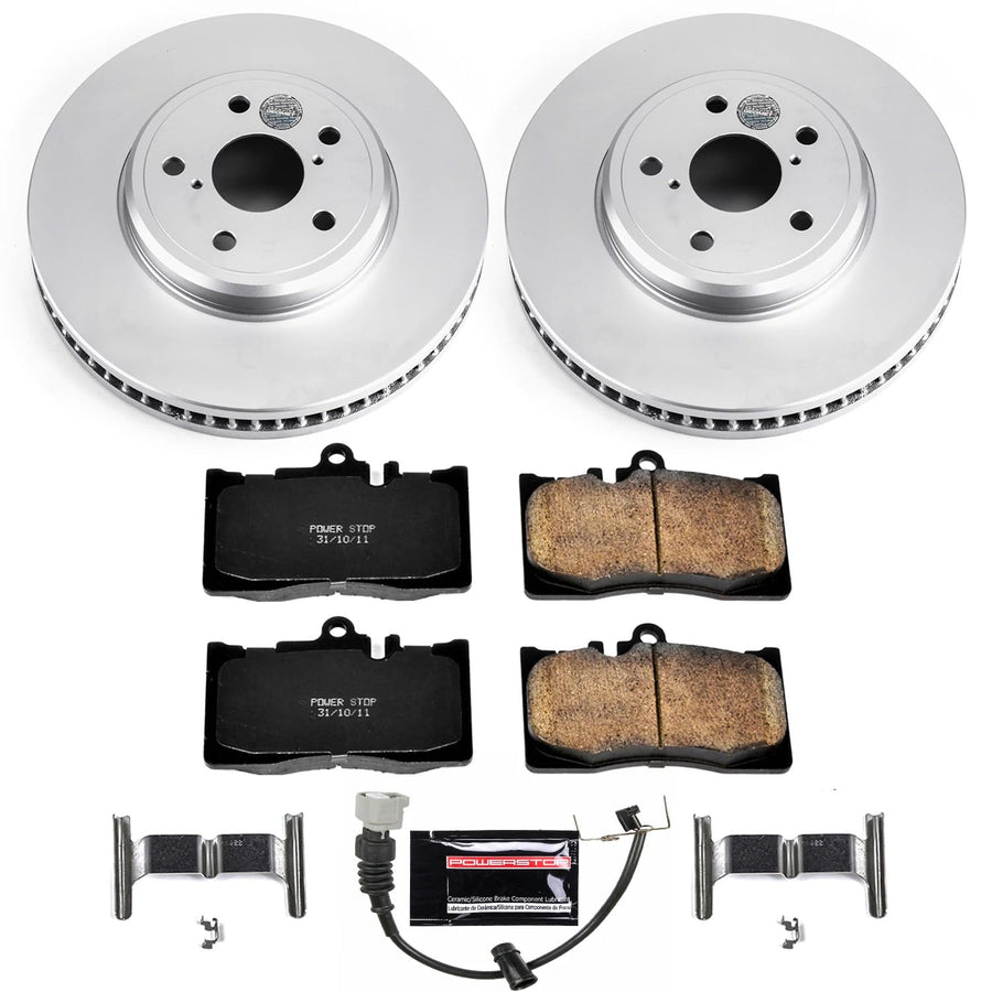 Power Stop CRK2965 Brake Rotors Front Coated and Z17 Ceramic Brake Pads Kit and 2 Front Sensor Wires For Lexus LS430 2001-2006 [Model Specific]