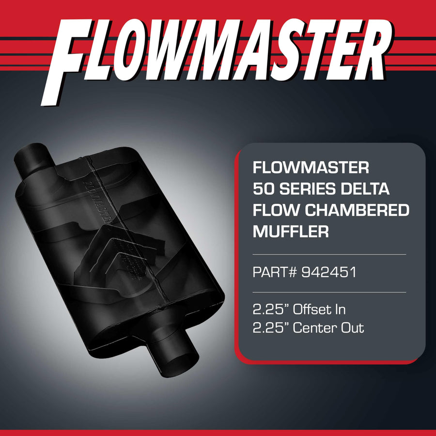 50 Series Flowmaster Delta Flow® Chambered Muffler – 2.25”- Offset In/Center Out – Moderate Sound – 16-Gauge Aluminized Steel – Perfect for daily-driven Performance Vehicles & Passenger Cars, 942451
