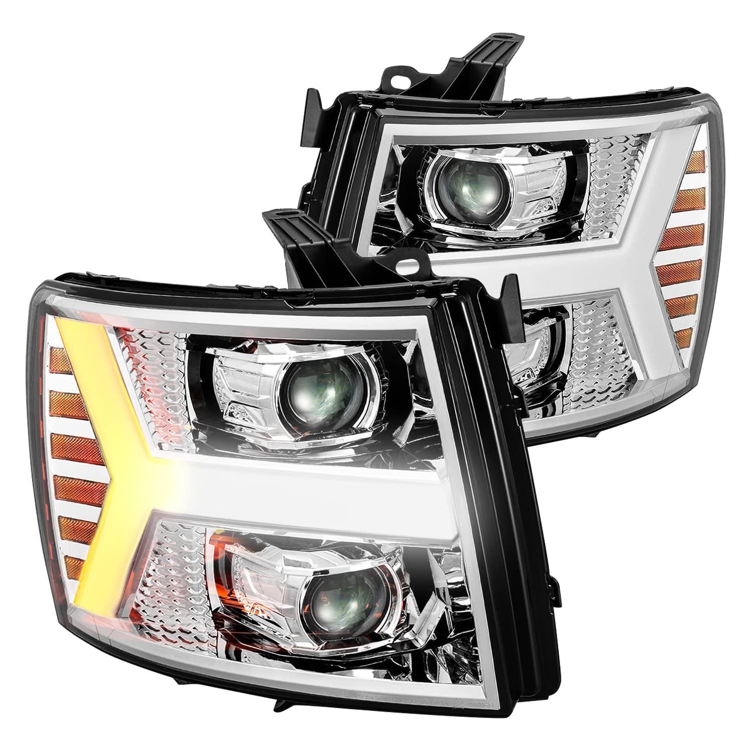 07-13 Chevy 1500 AlphaRex LUXX LED Proj Headlights Plank Design Chrome w/Activ Light/Seq Signal/DRL