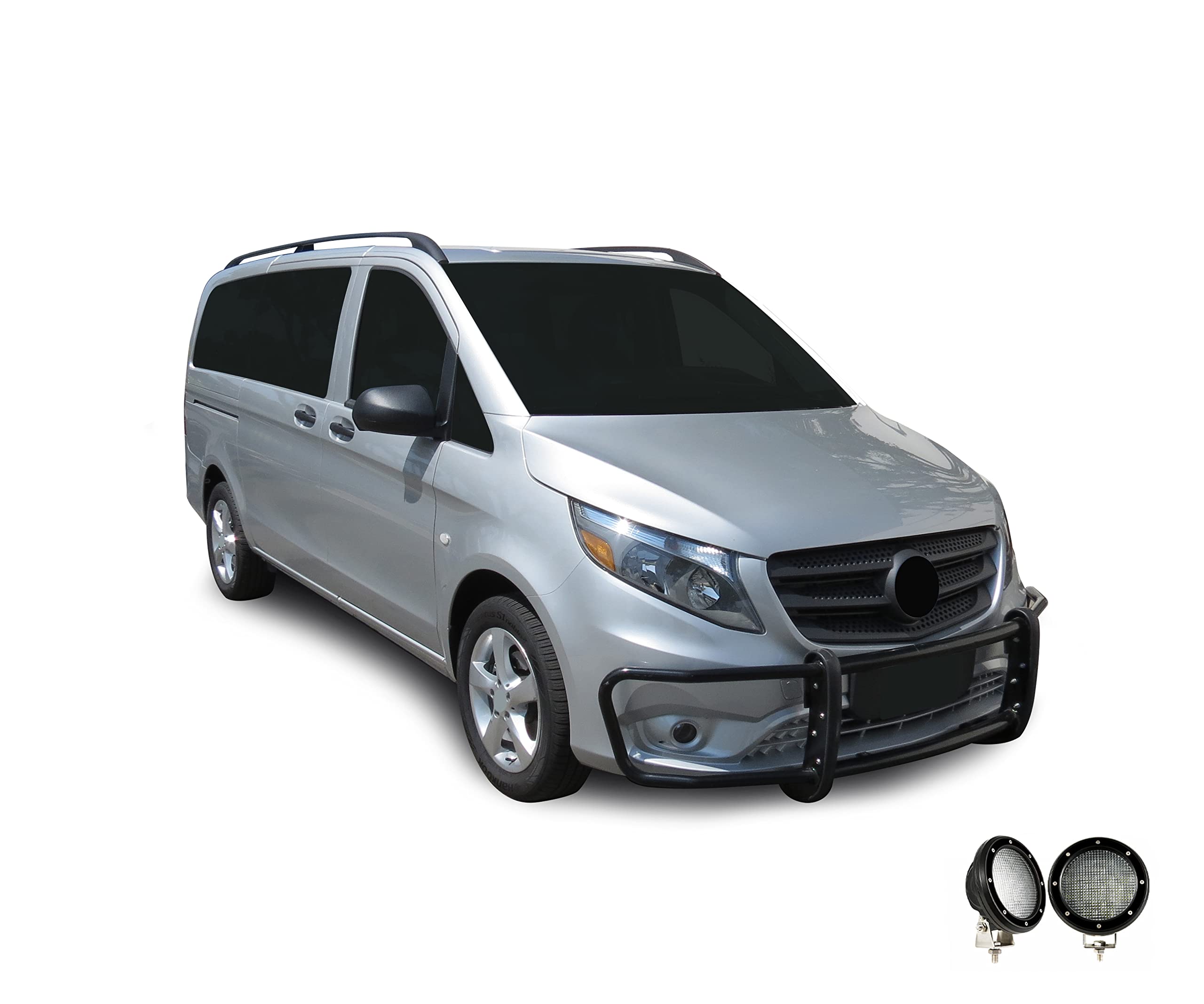 SPARTAN Black Horse Grille brush Bumper Guard Modular Come with Pair of 5.3" Dia.LED Lights with Black Trim Rings Compatible with 2016-2023 Mercedes-Benz Metris-17MBMEMA-PLFB