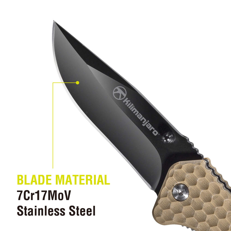Kilimanjaro Folding Knife UTAC, Drop Pt. Black Satin Blade, Tan, One Size