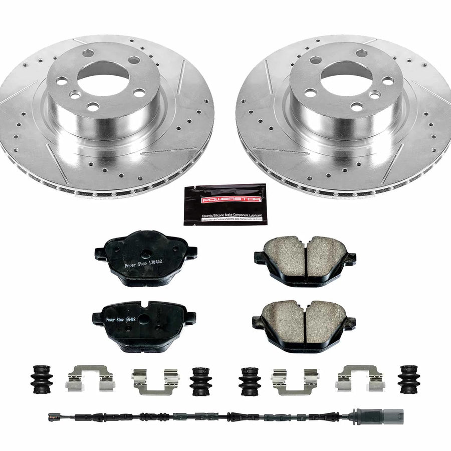 Rear Power Stop K6040 Z23 Carbon Fiber Brake Pads with Drilled & Slotted Brake Rotors Kit and 1 Rear Sensor Wire For BMW X3 2011-2017, BMW X4 2015-2018 [Model Specific]