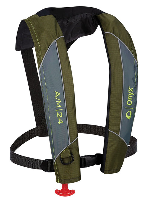 Onyx A/M-24 Inflatable Automatic/Manual Life Jacket, U.S. Coast Guard Approved, Low Profile, Compact Design, Manual Convertible Inflation Option
