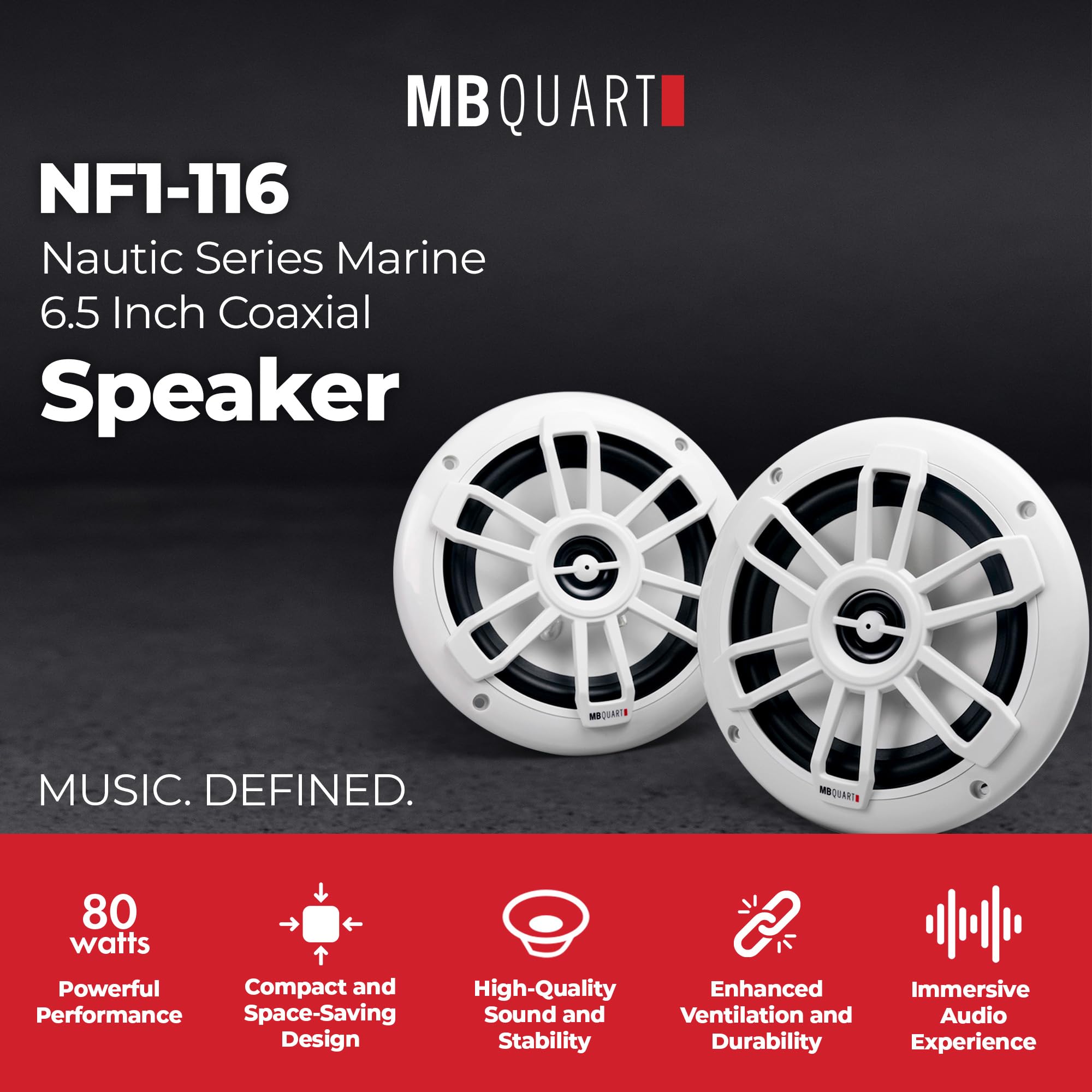 MB Quart Nautic Series NF1-116 Marine Coaxial Speakers 6.5 Inch, 80-Watt Waterproof, Rust-Resistant for Boats, RVs, Outdoor Use - White - Professional Grade - Heavy Duty