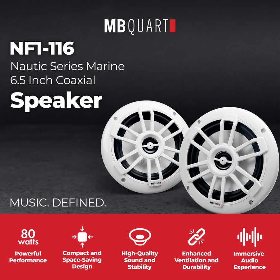 MB Quart Nautic Series NF1-116 Marine Coaxial Speakers 6.5 Inch, 80-Watt Waterproof, Rust-Resistant for Boats, RVs, Outdoor Use - White - Professional Grade - Heavy Duty