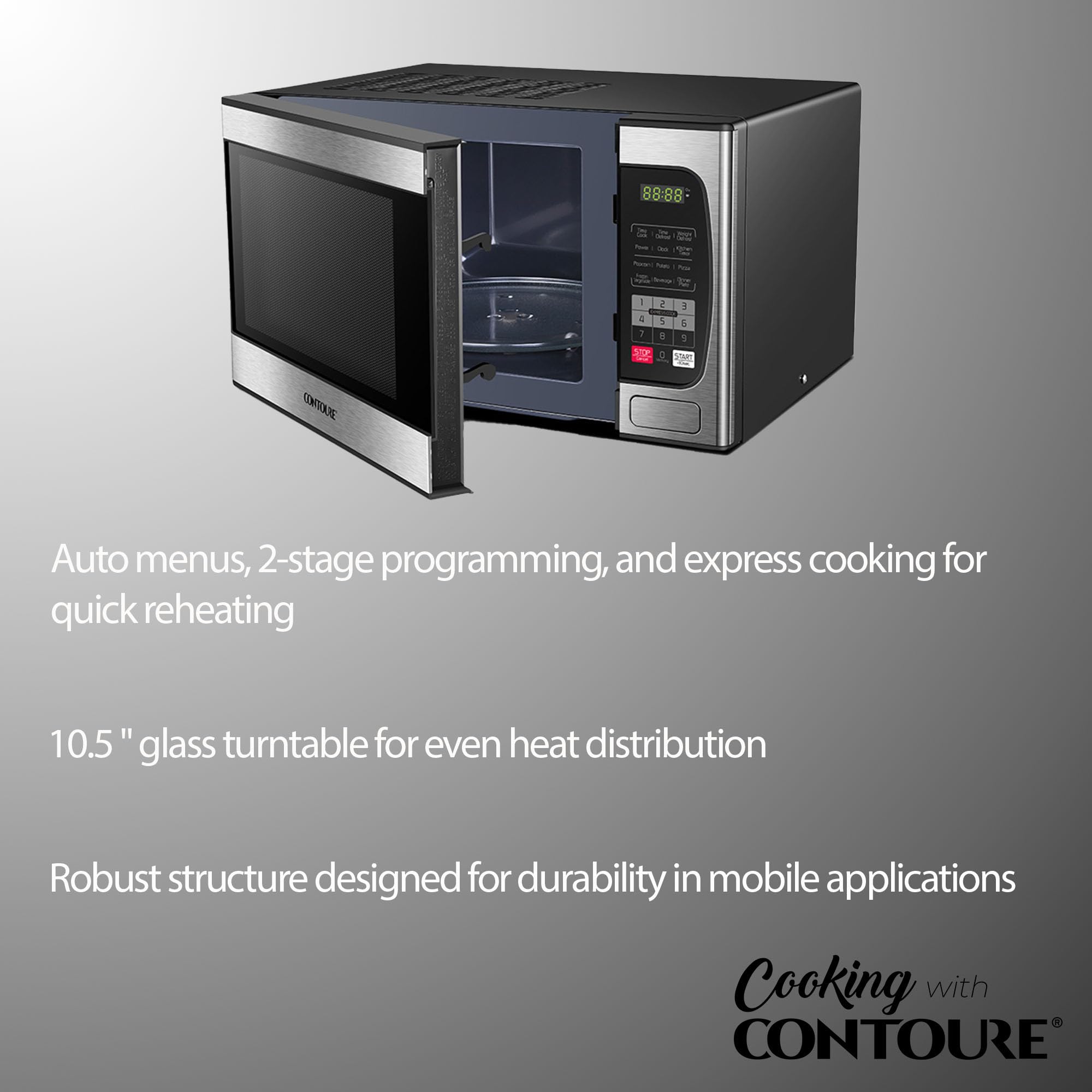 RV Built-In Microwave Oven CONTOURE | Stainless Steel Finish | 900W | 10 Power Levels | Easy-Clean Interior | LED Display | RV-950S