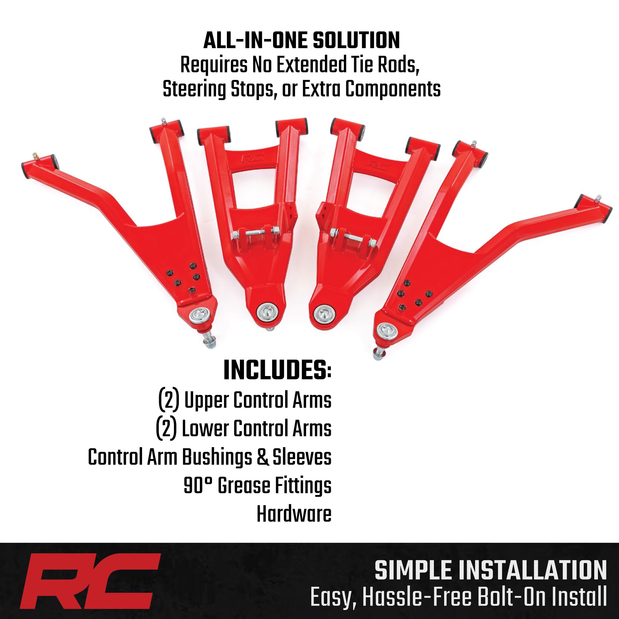 Rough Country High Clearance Control Arms Aluminum with 2" Forward Offset for Polaris Ranger XP 1000 (2021-2025) - Forged A-Arms with Red Finish, 4-Pack