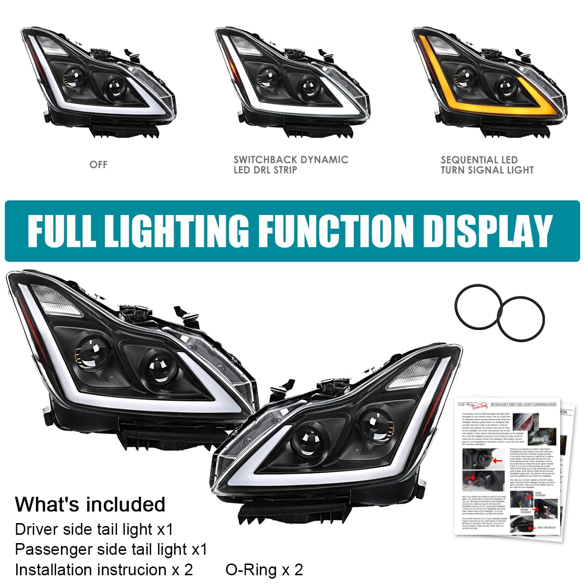 Black SPEC-D TUNING Projector Headlights w/LED Sequential Turn Signal and Startup Animation Compatible with 2008-2015 Infiniti G37, Q60 2DR Coupe, Left + Right Pair Headlamp Assembly