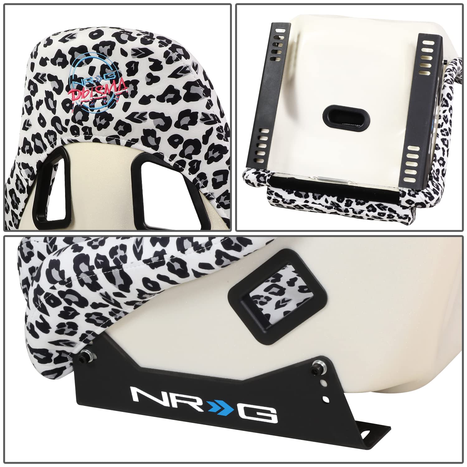 NRG Innovations Prisma FRP-303-WT-SAVAGE Fixed Back Bucket Racing Seat with Bottom Mount Bracket, White Savage Leopard Print Fabric/White Pearl Back