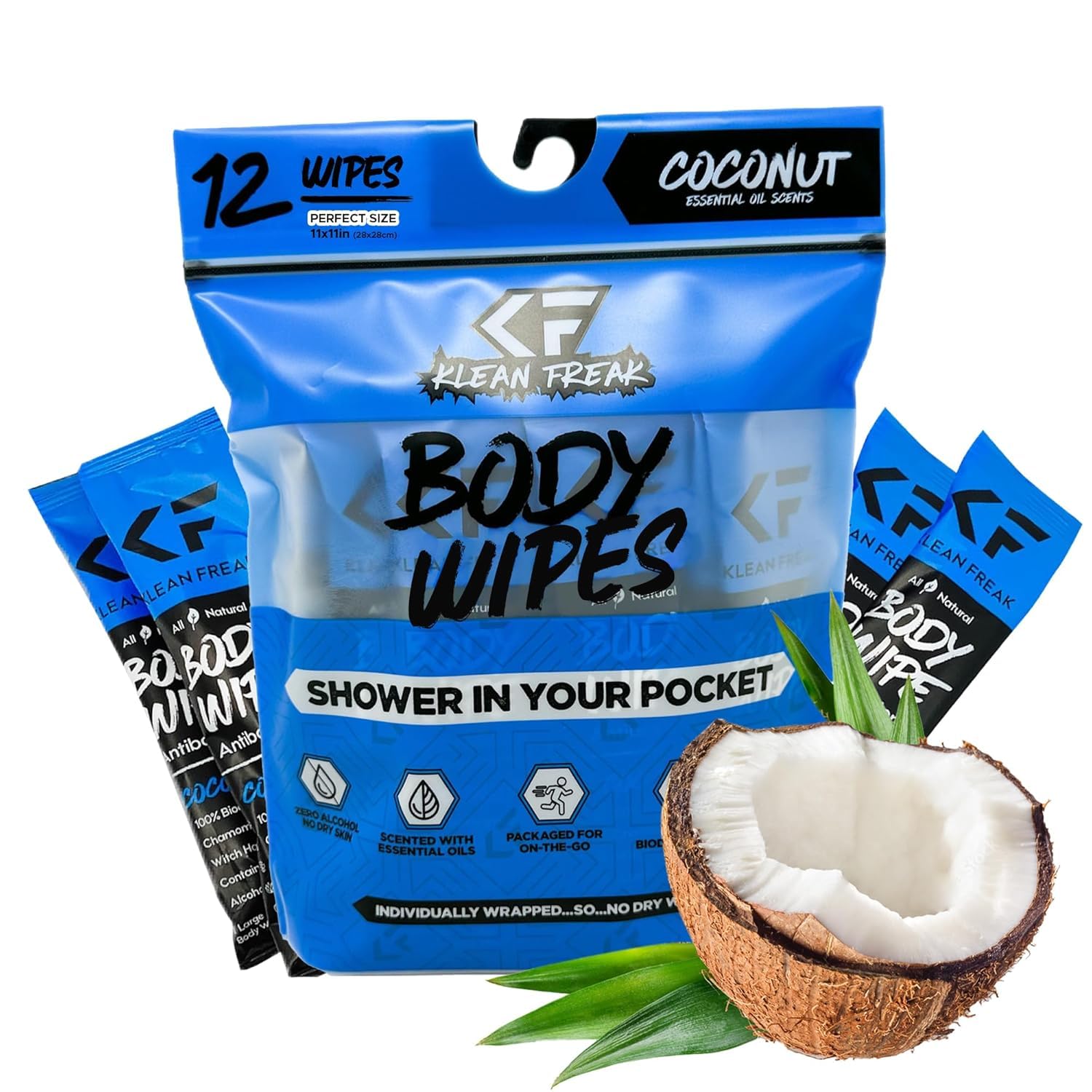 The Body Wipes Klean Freak - 12 count Individually Wrapped | Showerless Body Wipe for Women & Men | Sustainable Bodywipes for Gym, Travel, Camping | Coconut