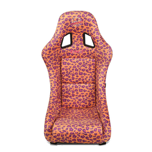 NRG Innovations Prisma Fixed Back Bucket Racing Seat NRG-FRP-303-OR-SAVAGE with Bottom Mount Bracket, Orange Savage Leopard Print Fabric White Pearl Back, 22" W X 34" H X 16" D