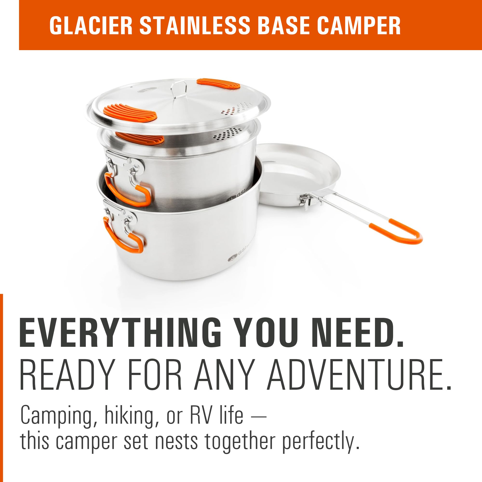 GSI Outdoors Stainless Steel Glacier Base Camper - Medium - 3 Pieces Cookset - Durable, & Compact Pot Pan for Camping