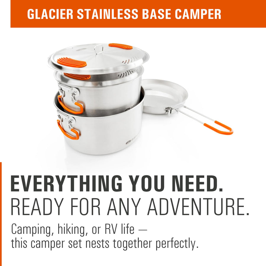 GSI Outdoors Stainless Steel Glacier Base Camper - Medium - 3 Pieces Cookset - Durable, & Compact Pot Pan for Camping