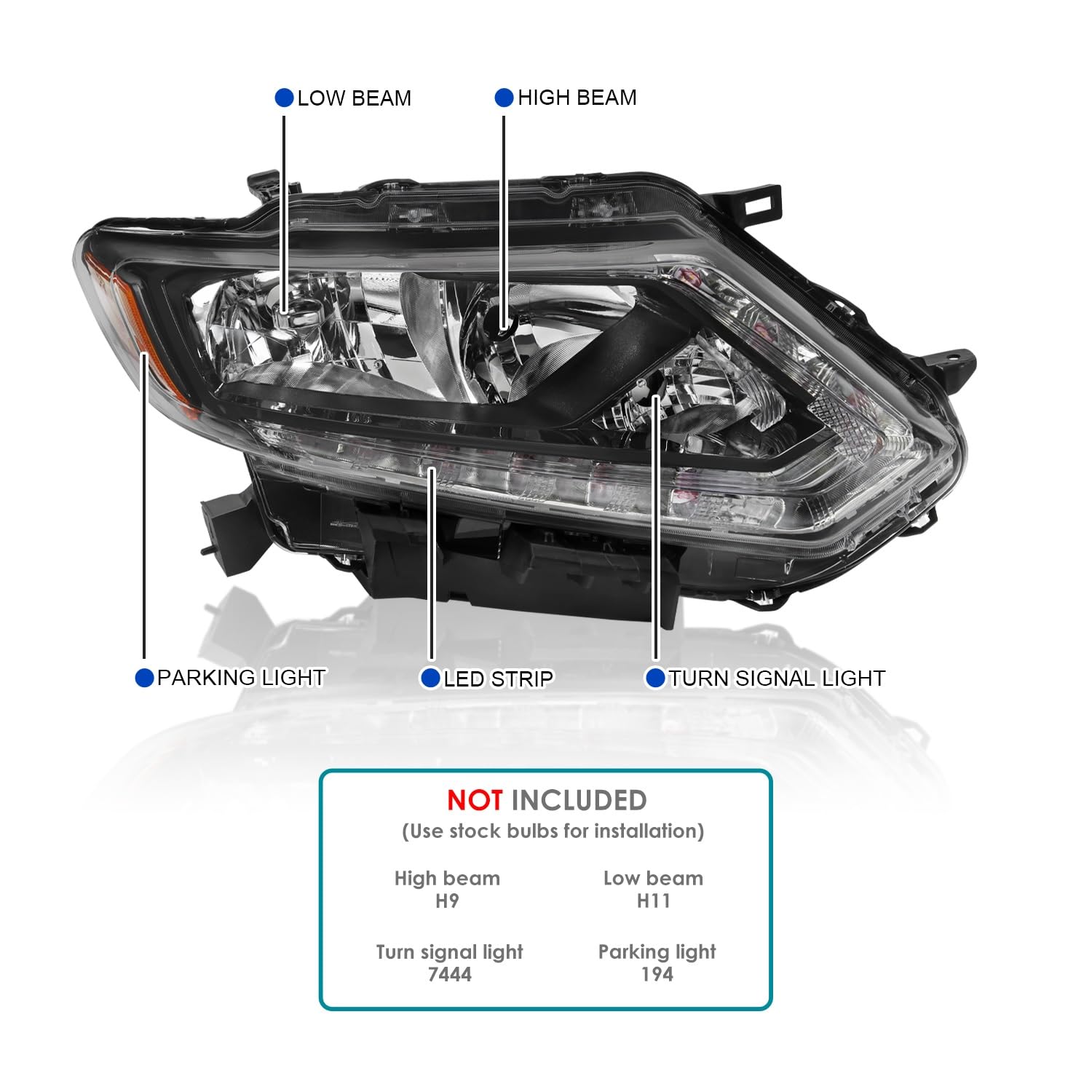 Right Passenger Side SPEC-D TUNING Black Headlight w/LED Strip Compatible with 2014-2016 Nissan Rogue