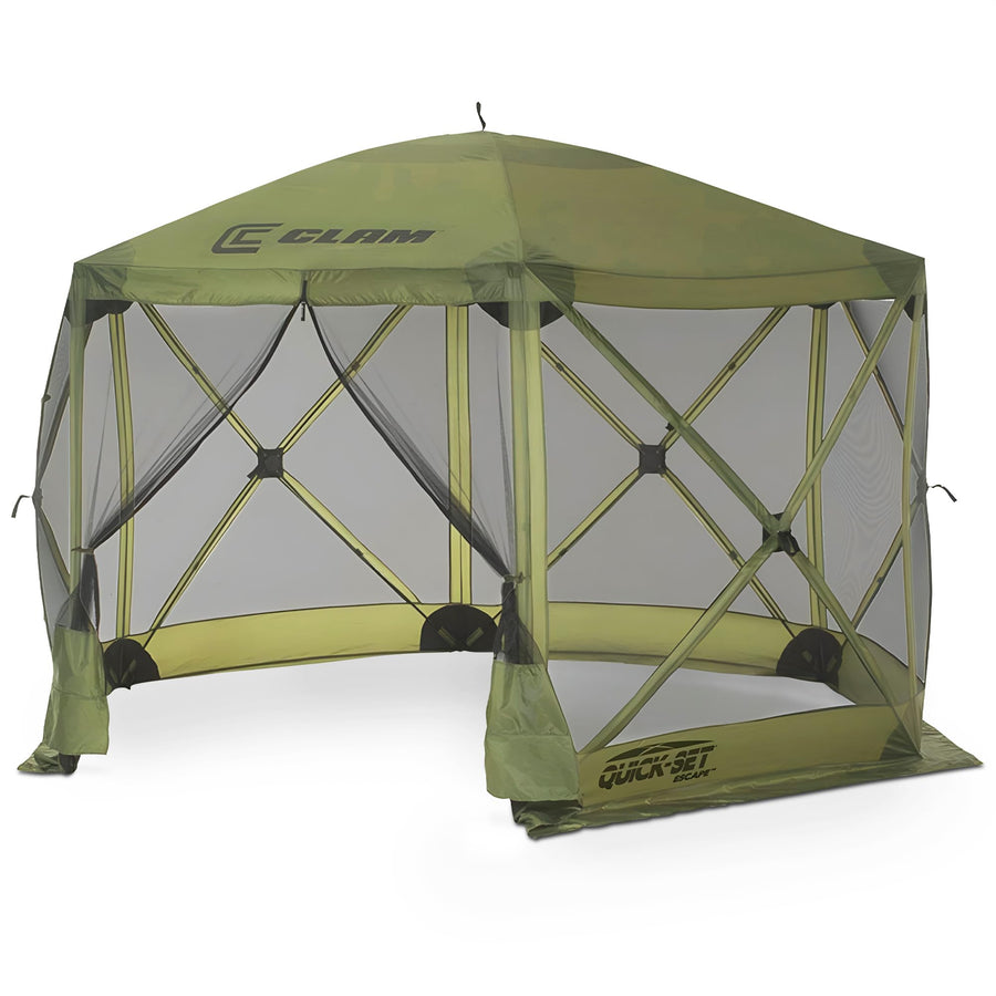 Pop Up CLAM Screen Tent, Outdoor Camping Gazebo Canopy, Escape, 11.5', Green - Heavy-Duty Portable Screened Shelter with Netting for Beach, Patio, and Backyard