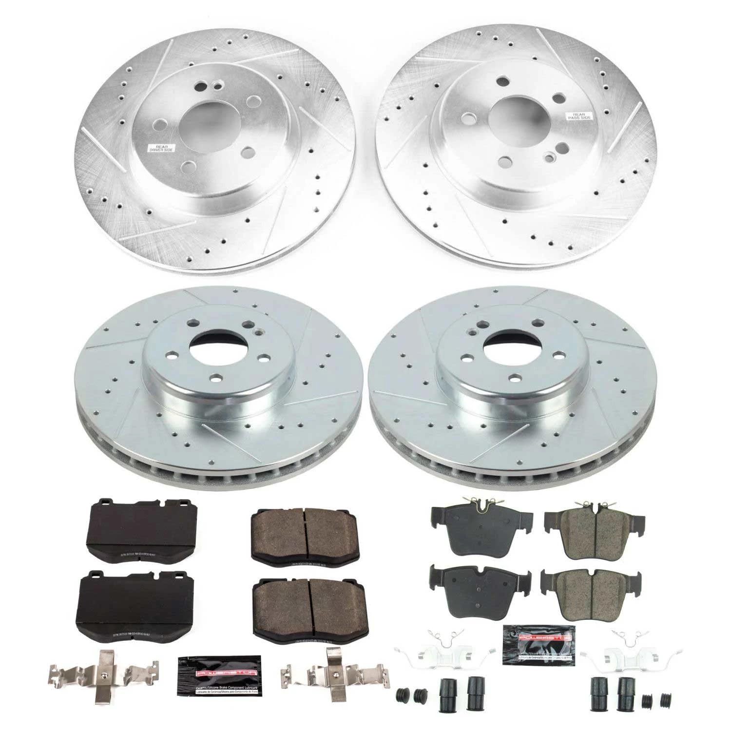 Power Stop K7970, Front and Rear Z23 Brake Kit-Drilled/Slotted Brake Rotors & Carbon Ceramic Brake Pads and 1 Front & 1 Rear Sensor Wires