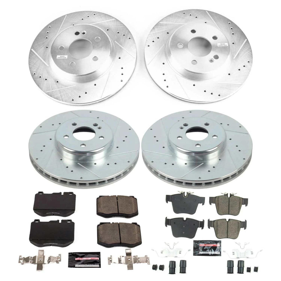 Power Stop K7970, Front and Rear Z23 Brake Kit-Drilled/Slotted Brake Rotors & Carbon Ceramic Brake Pads and 1 Front & 1 Rear Sensor Wires