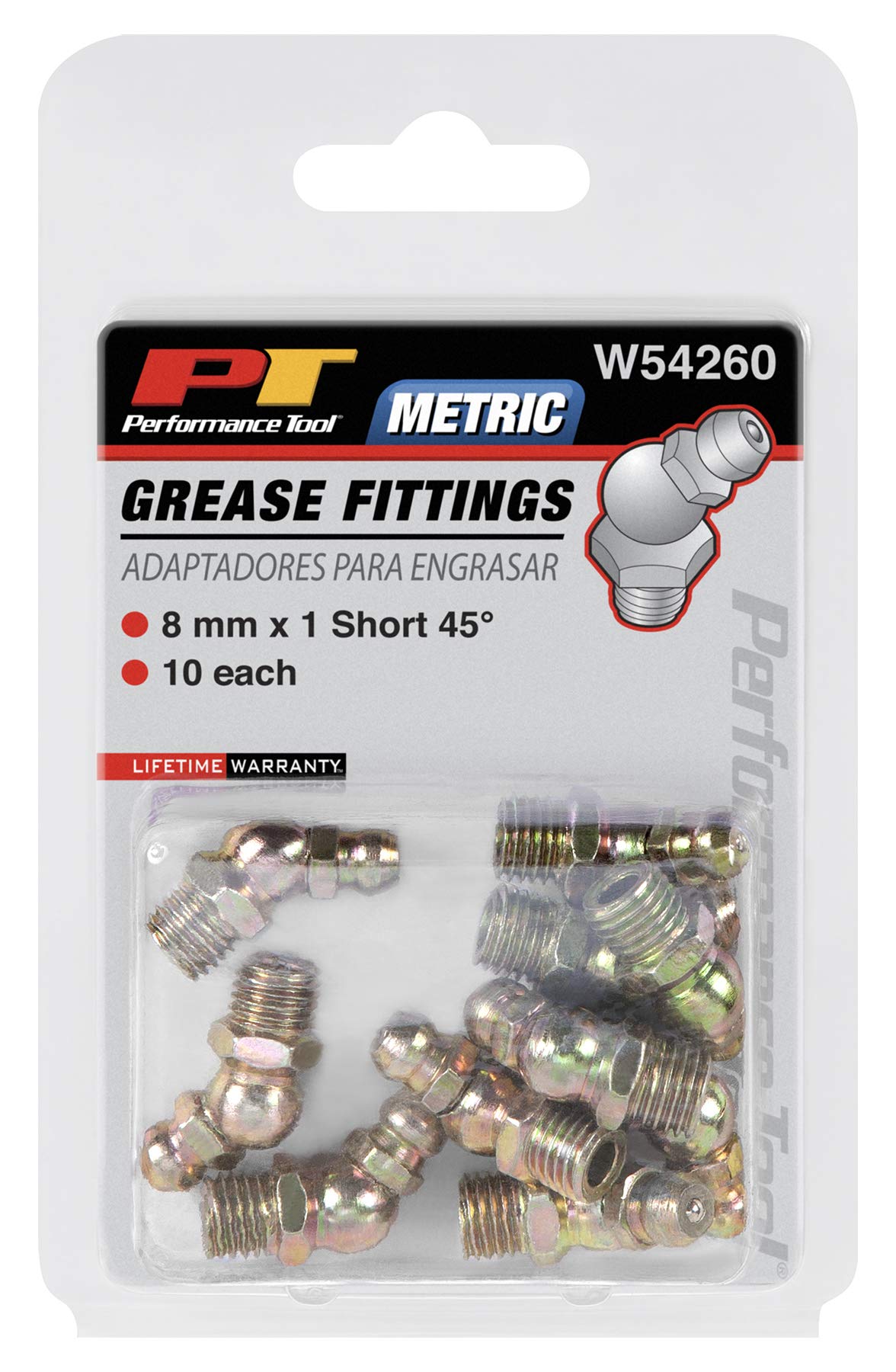 8mm x 1mm Performance Tool W54260 Short 45⁰ Grease Fitting, (Pack of 10)