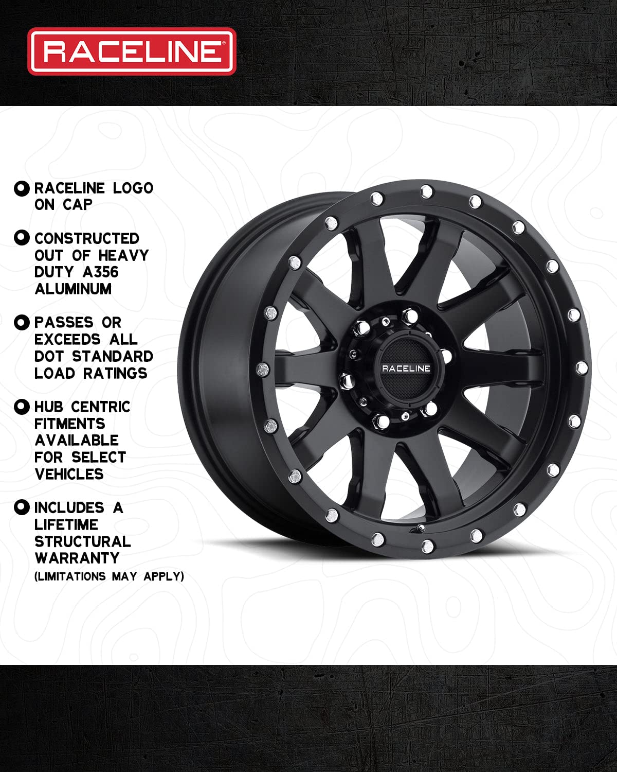 Raceline 934B Wheels CLUTCH Matte Black 17X8.5"5X127 Bolt Pattern 0mm Offset/(4.75"B/S) 10 Spoke Aluminum Passenger Car Wheels, Full Size Replacement Black Car Rims