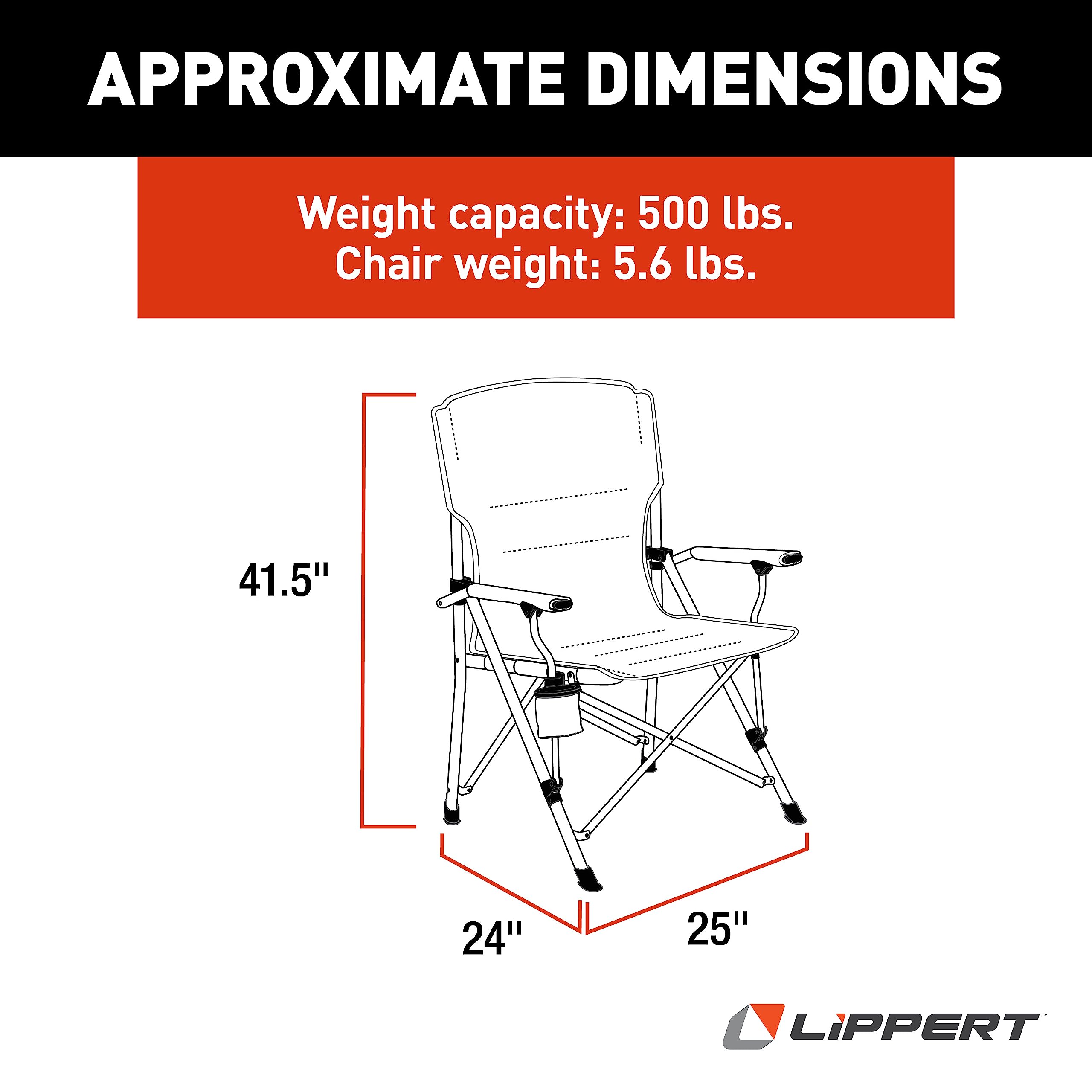 Lippert Components Outdoor Scout Folding Chair for Camping, Foldable, Steel Tube Frame, 600D Polyester, UV and Water Resistant PVC Coating, 500 lb. Weight Capacity, Sand - 2021123277