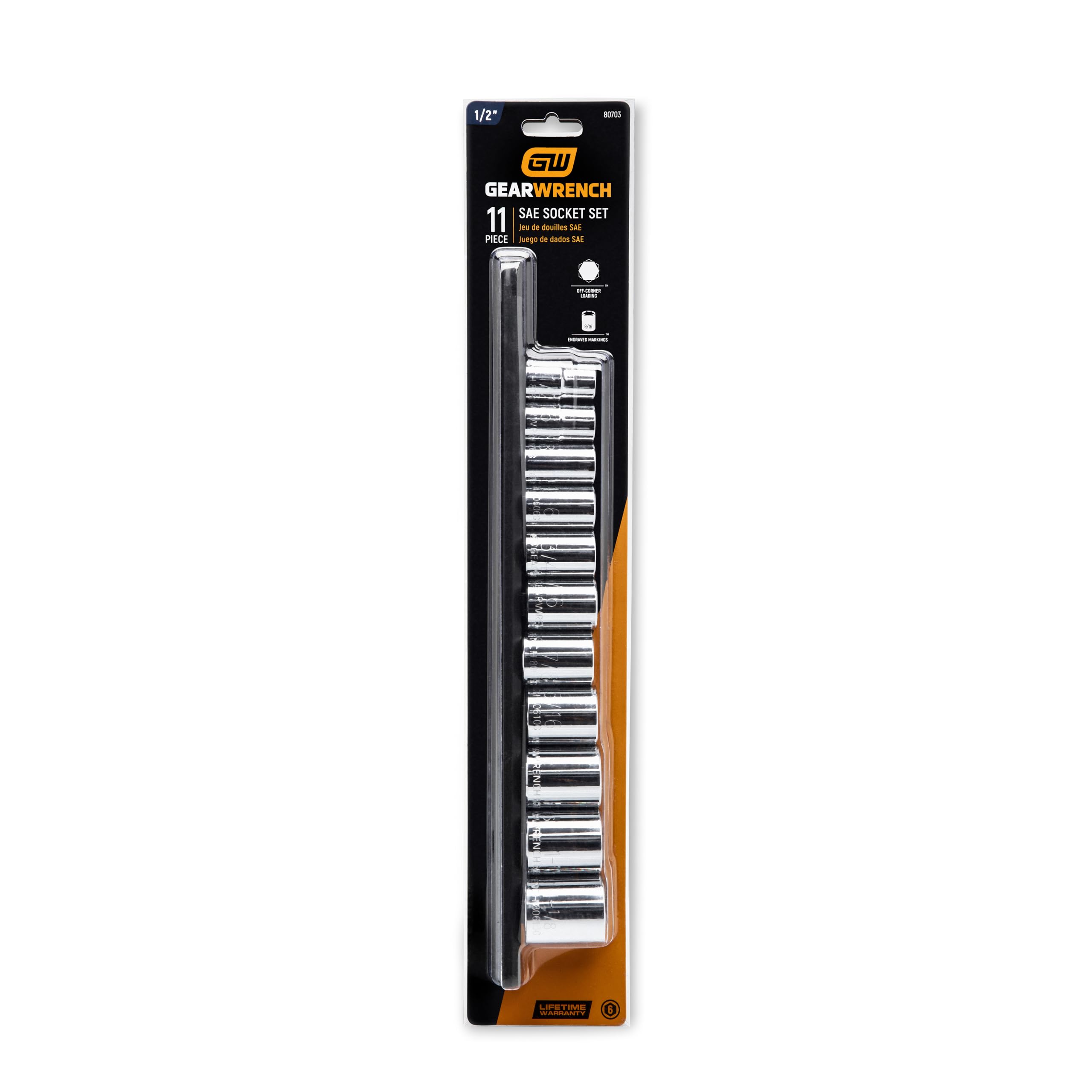 11 Pc. GEARWRENCH 1/2" Drive 6 Pt. Standard Socket Set, SAE - 80703