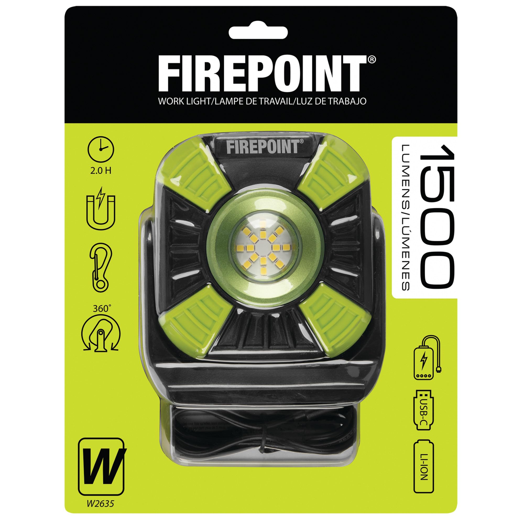 Firepoint Performance Tool W2635 1500+LM Li-Ion Utility Work Light, USB-C Charging, Swivel/Magnetic Base, Power Bank Capability, Black/Green