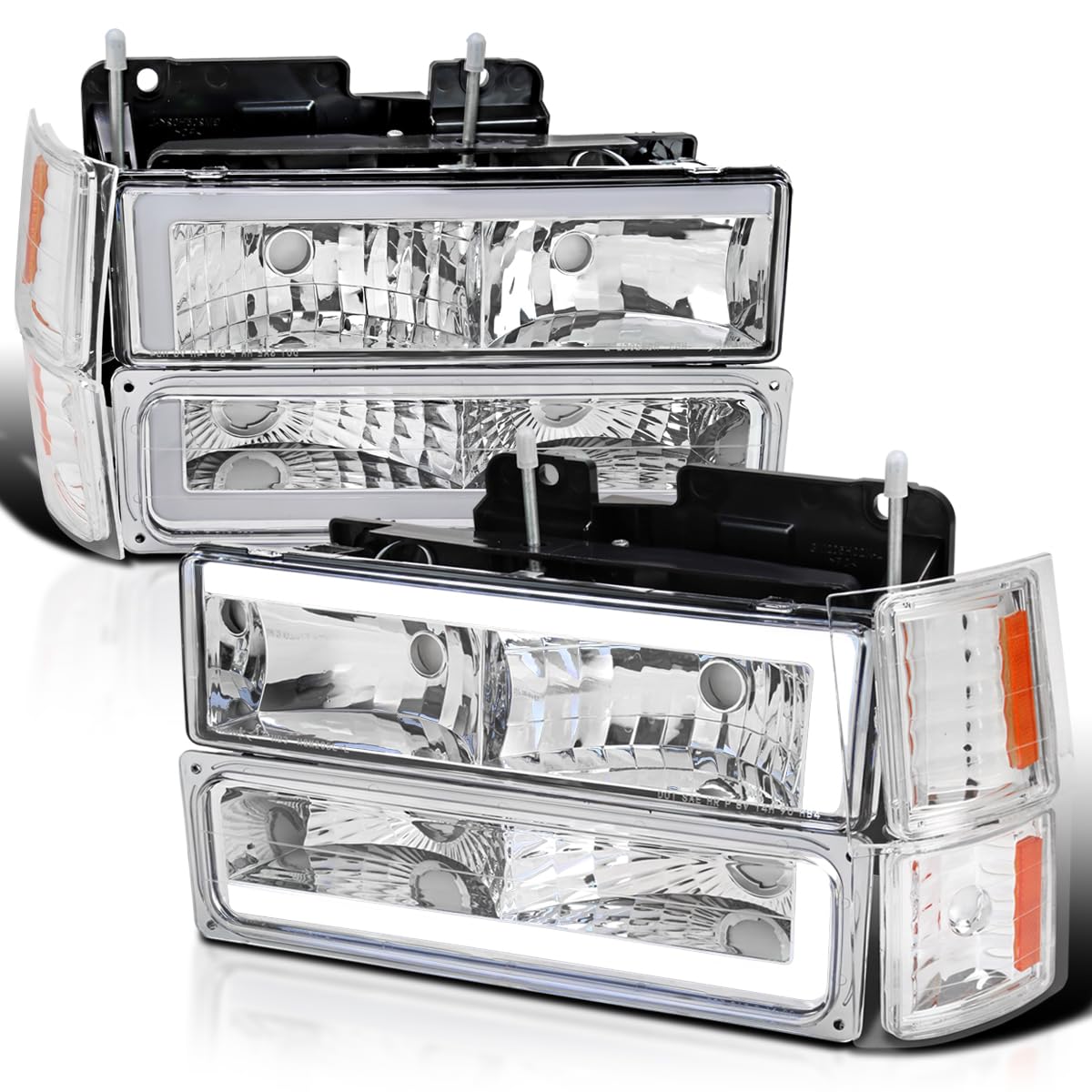 Chrome Headlights + Corner Lights + Bumper Lights w/LED Tube SPEC-D TUNING Compatible with 1994-1998 Chevy C10 C/K Tahoe Suburban