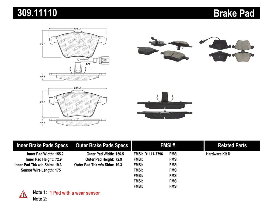 Sport Brake Pads StopTech 309.11110 with Shims and Hardware