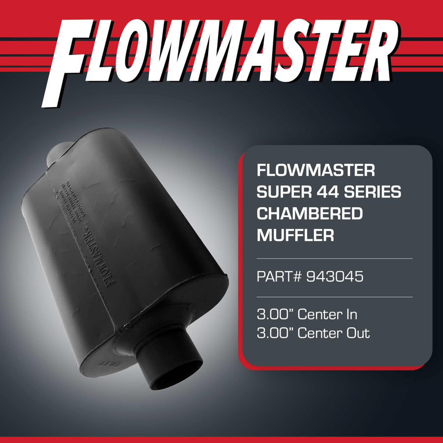 Flowmaster Super 44 Muffler Series – 3.00” - Center In/Center Out – Aggressive Sound – 16 Gauge Aluminized Steel – For Classic & Late Muscle Cars, Street Rods, Trucks, SUVs (943045)