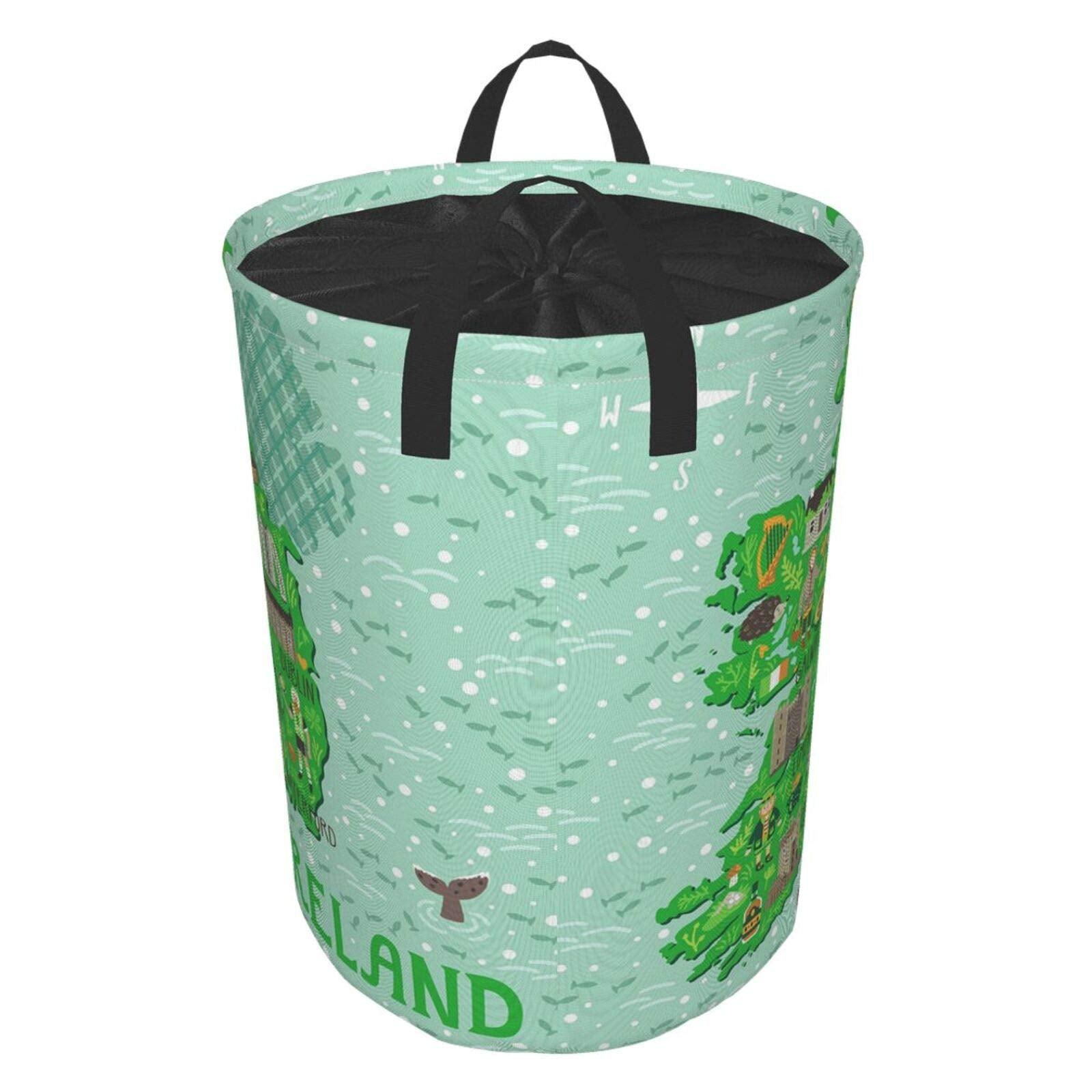 Map Of Ireland Travel Large Storage Baskets With Irish Castles People Symbols Traditional Food (1),Drawstring Waterproof Round Collapsible Laundry Hamper for Dirty Clothes Toy Home Office 21.6"X16.5"