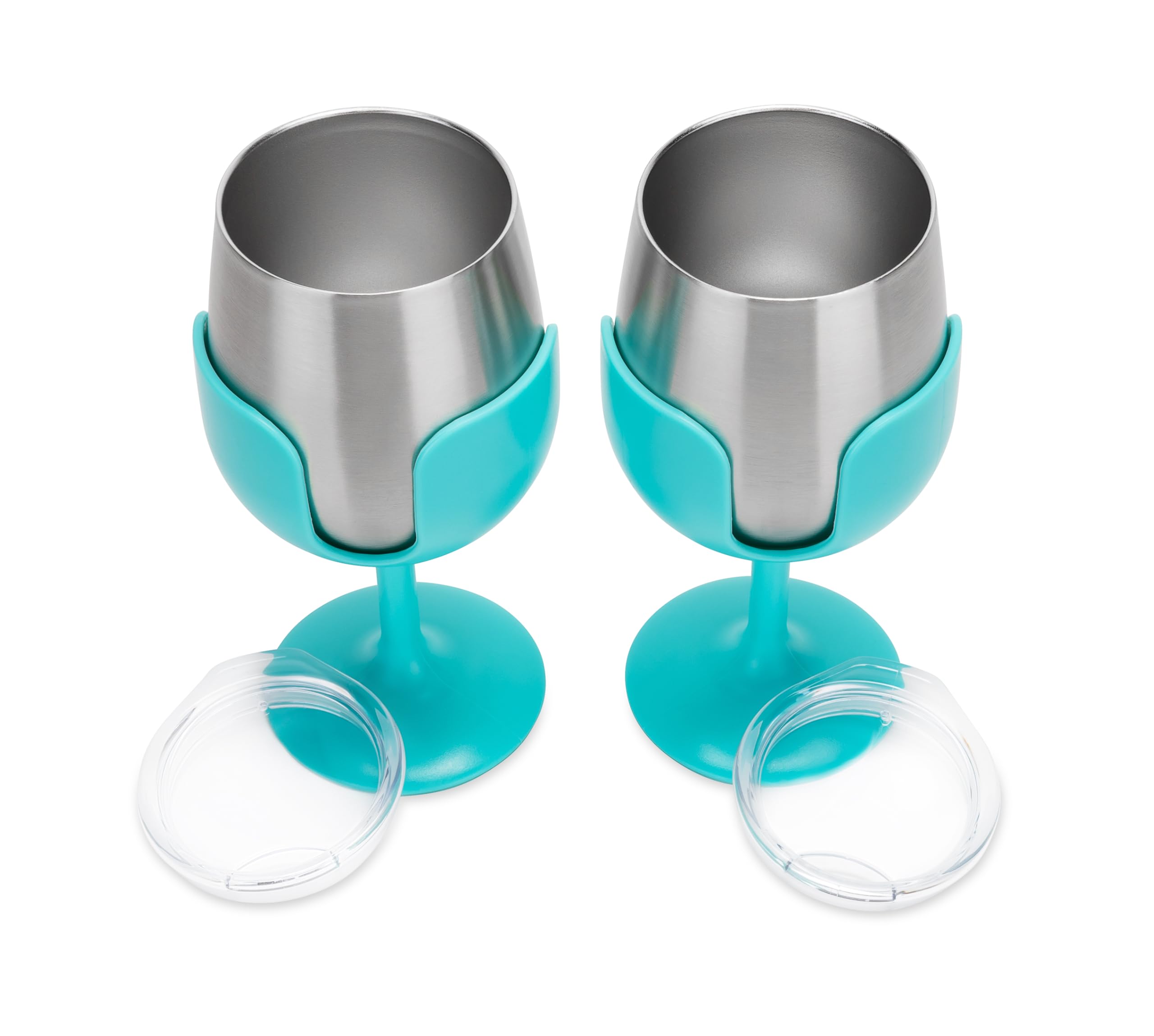 Camco Stainless Steel Wine Tumbler Life is Better at The Campsite 2-Pack - Features Heavy Duty Double Wall Vacuum Insulation & Removable Navy, Red, Green & Yellow Stems - Holds 8-oz Each - Blue(53484)