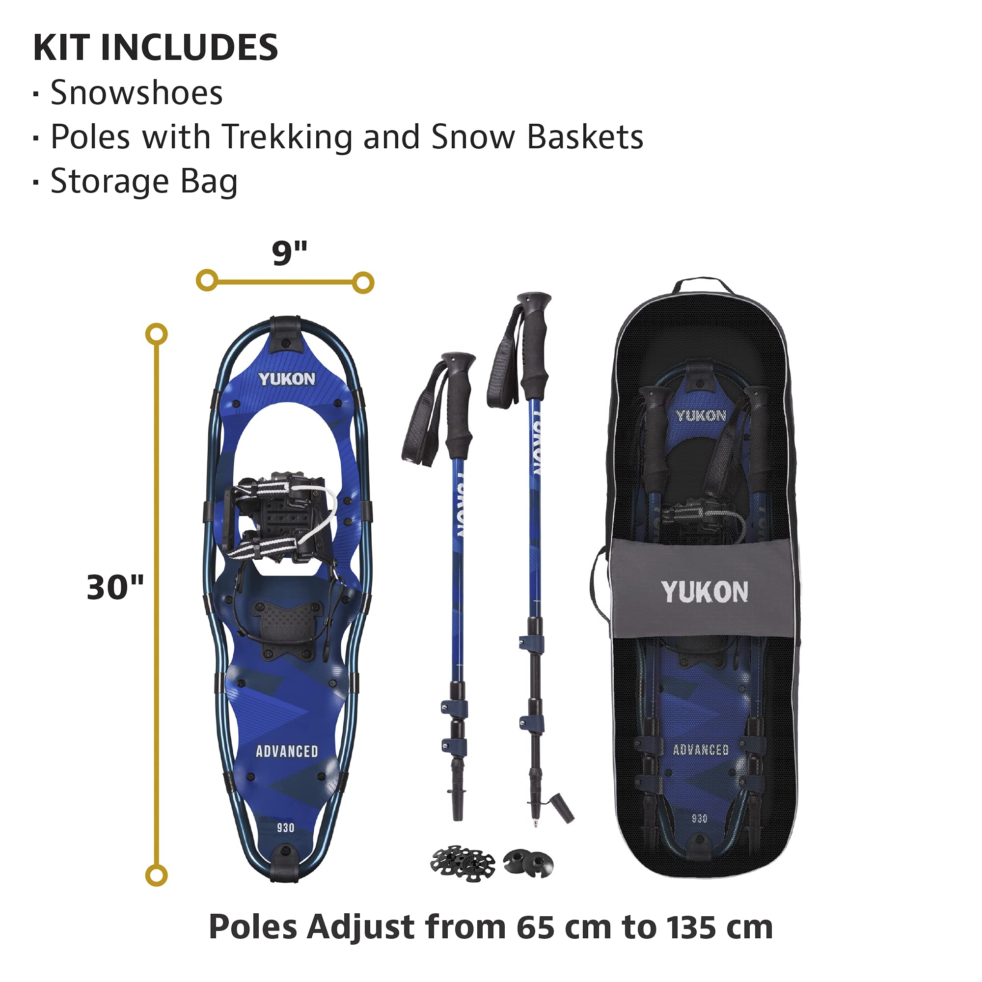Yukon Charlie's Snowshoe Kit Advanced, 9-inch x 30-inch, Includes Snowshoes, Trekking Poles, and Travel Bag