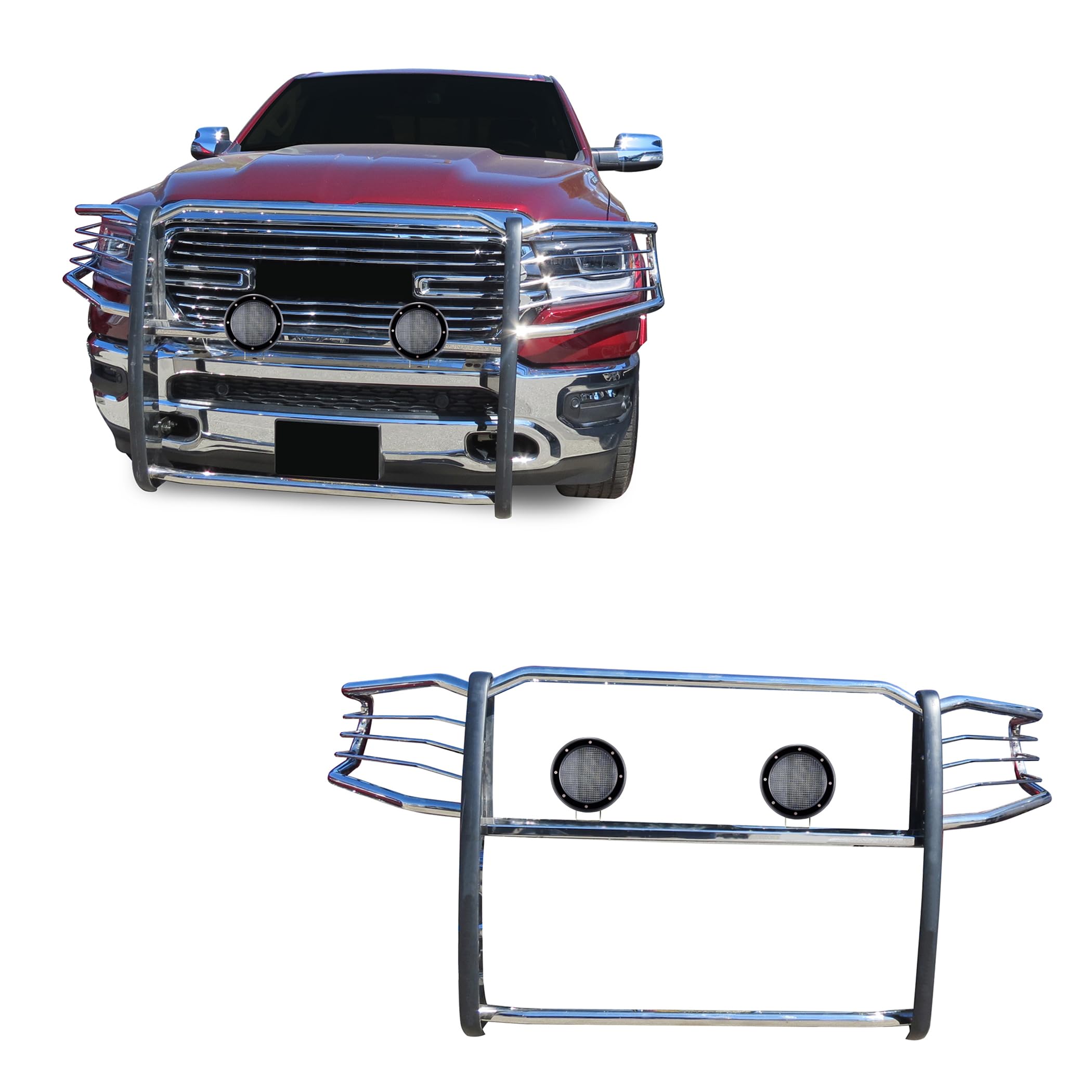 Bumper Guard Black Horse Grille Brush Modular Stainless Steel Come with Pair of 5.3" Dia.LED Lights with Black Trim Rings Compatible with 2019-2024 Ram 1500-17DG111MSS-PLFB