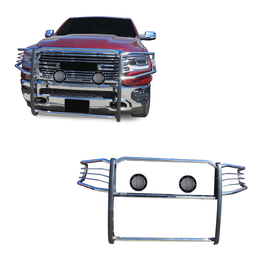 Bumper Guard Black Horse Grille Brush Modular Stainless Steel Come with Pair of 5.3" Dia.LED Lights with Black Trim Rings Compatible with 2019-2024 Ram 1500-17DG111MSS-PLFB