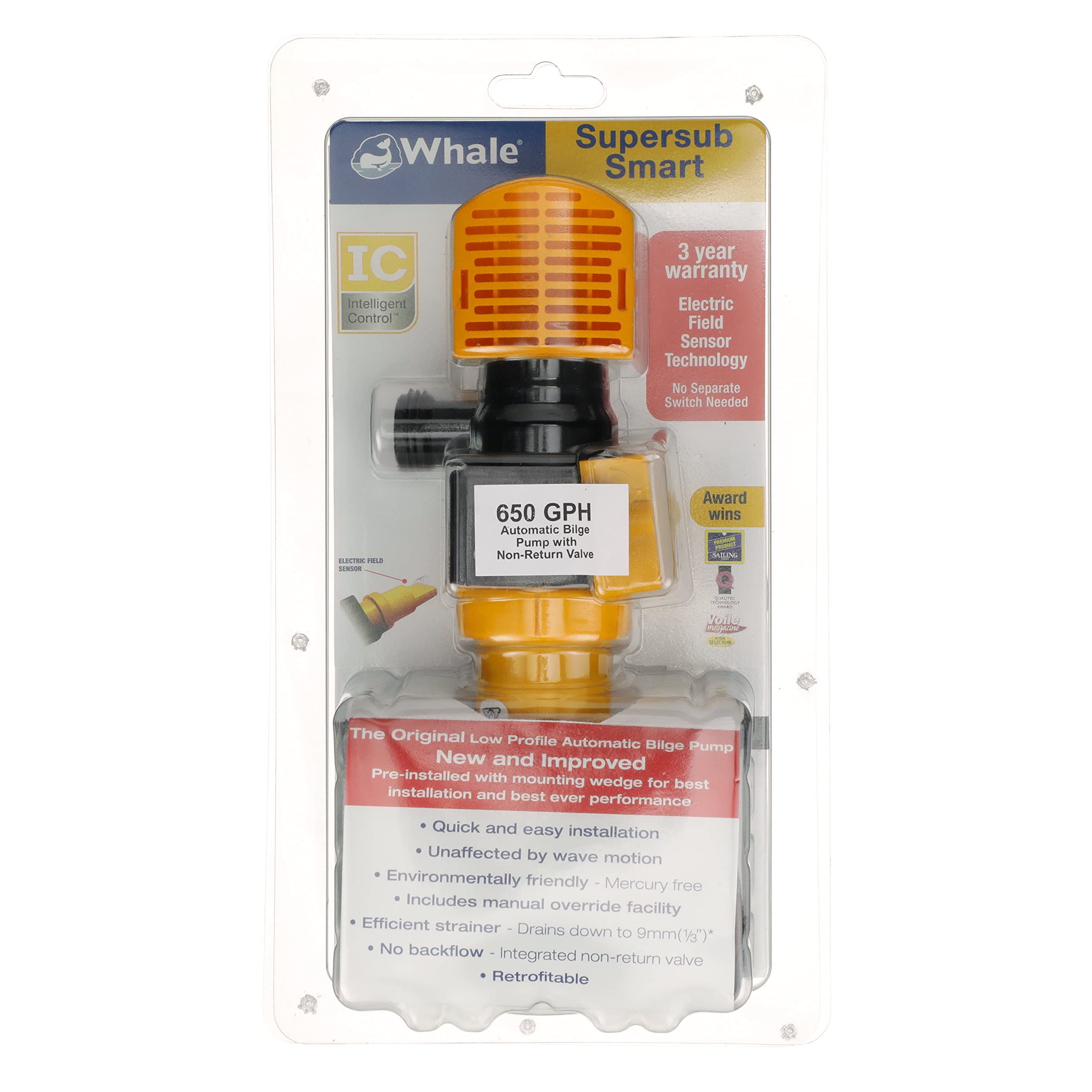 Whale Supersub Smart 650 Electric Bilge Pump, Suitable for Fresh or Salt Water Use, 12V DC, 3.4 Amps, Open Flow Rate of 650 GPH @ 13.6V DC, 16 AWG Wire, ¾-Inch and 1-Inch Hose Connections