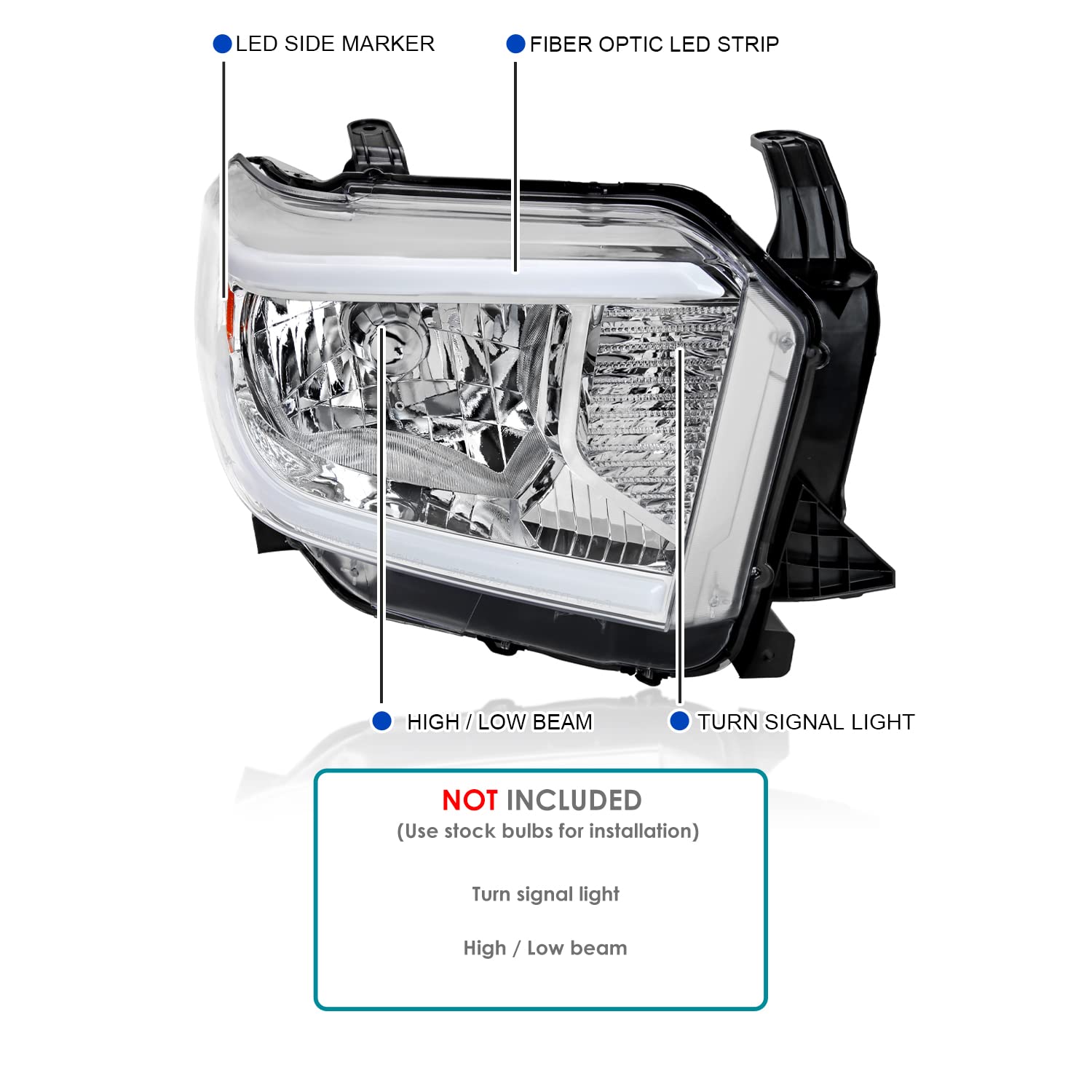 Chrome Headlights SPEC-D TUNING w/LED Tube Compatible with 2014-2021 Toyota Tundra, Left + Right Pair Headlamp Assembly