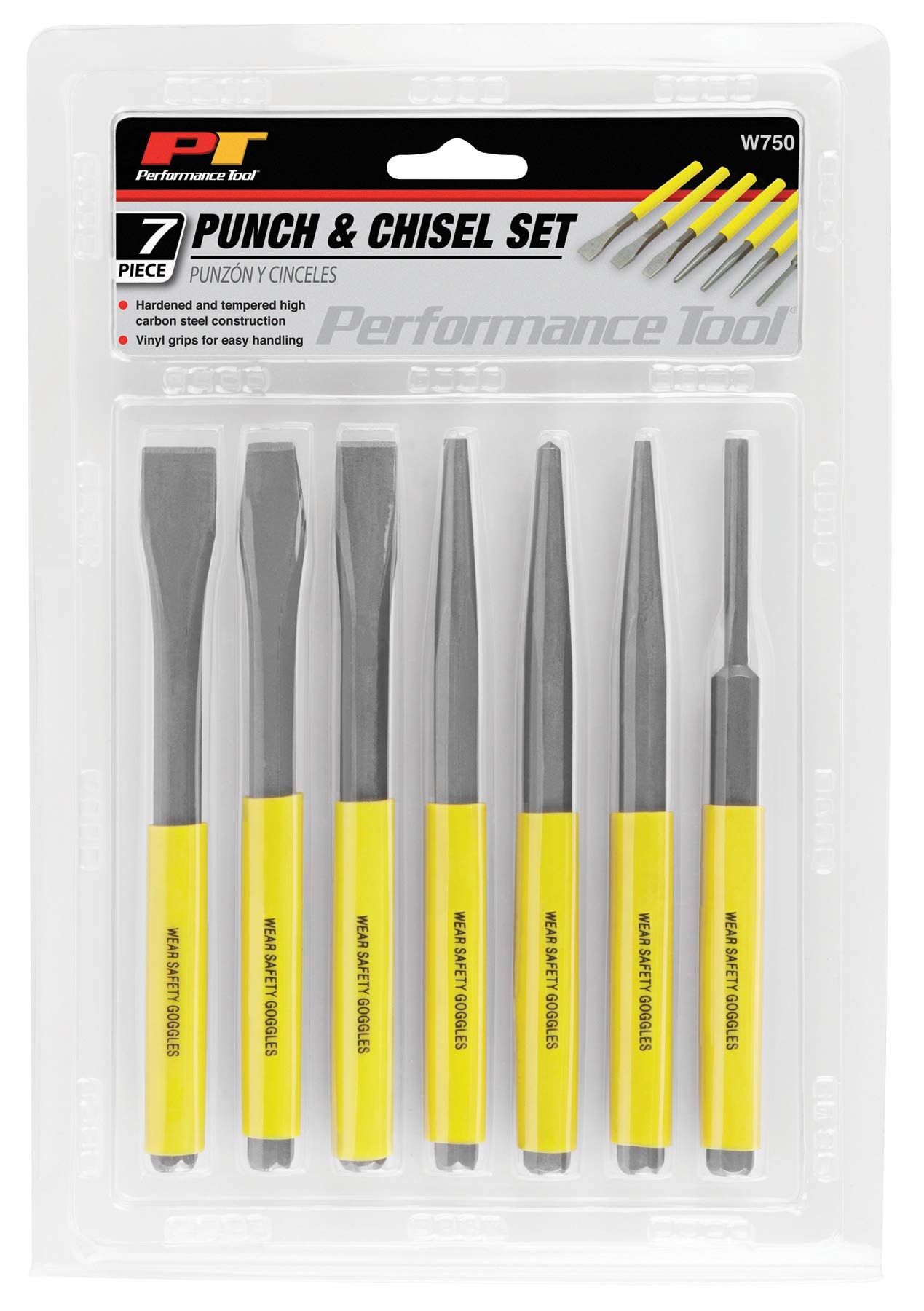 W750 Performance Tool 7-Piece Chisel and Punch Set - Durable Steel Construction for Precision Woodworking, Metalworking, and Carving Applications