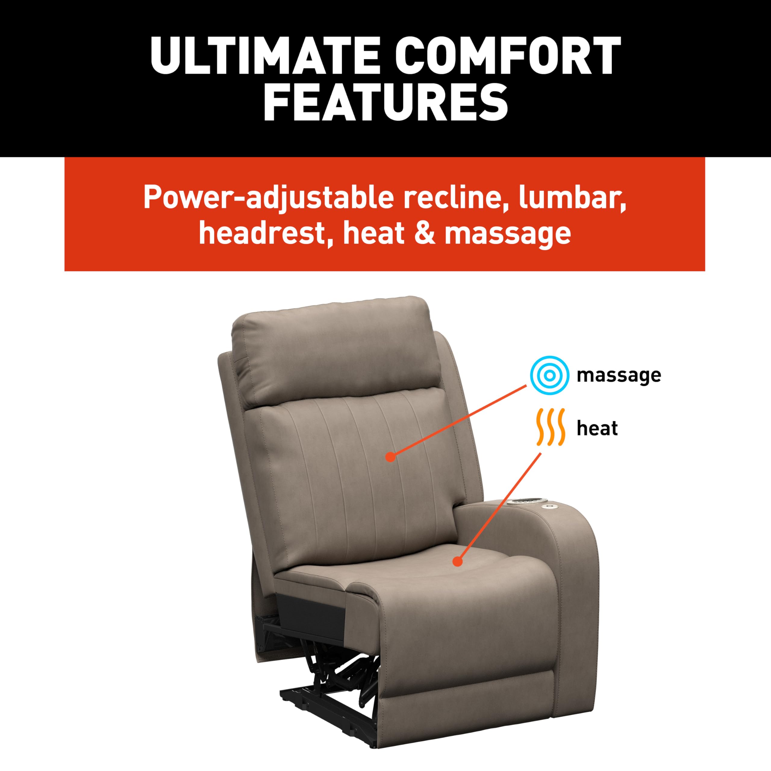 THOMAS PAYNE Driftwood Signature Seismic Series RV Theater Seating Left Arm Recliner with Power Adjustable Lumbar, Headrest, Reclining, Heating, Massage, Integrated Cupholder Controls - 2024044197