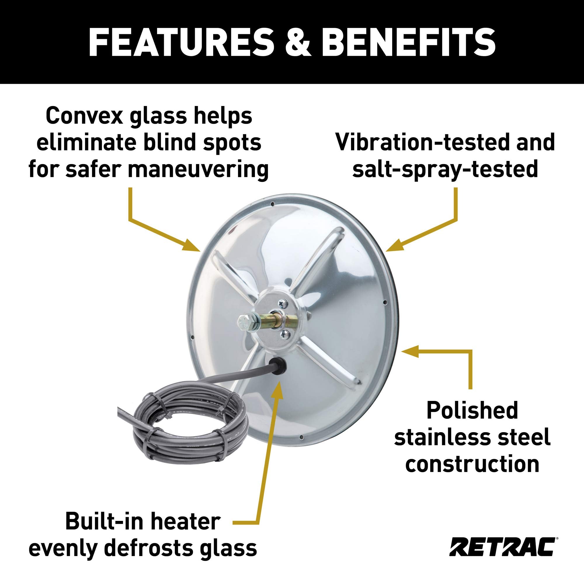 8-Inch Stainless Steel Center-Mount Heated Convex Mirror Head Retrac, Universal Driver or Passenger Side